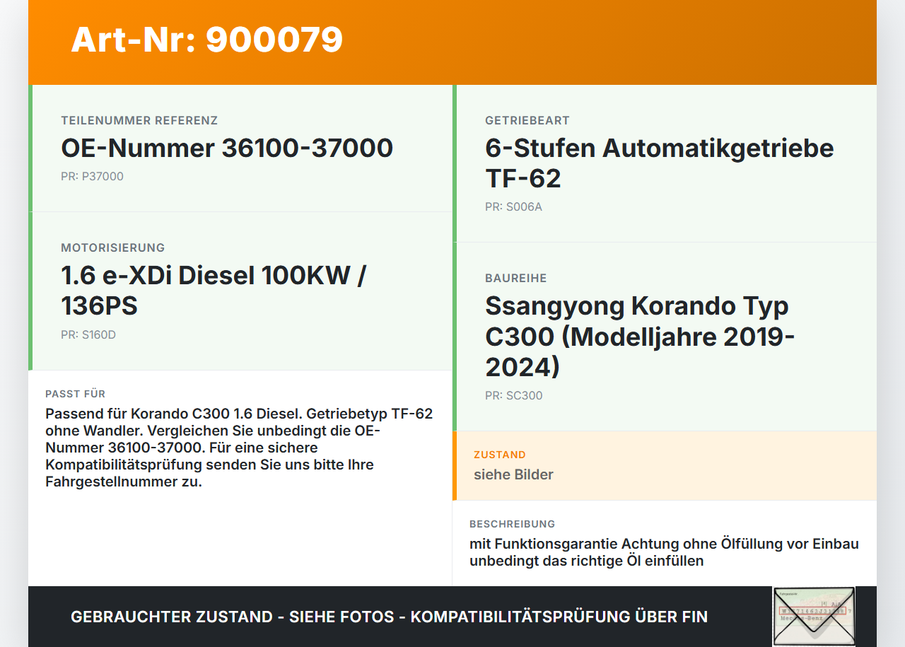 Ssangyong Korando C300 19-24 e-XDi 1,6 100KW Automatikgetriebe Getriebe ohne Wandler TF-62 Ssangyong Korando C300... Vorschau 3
