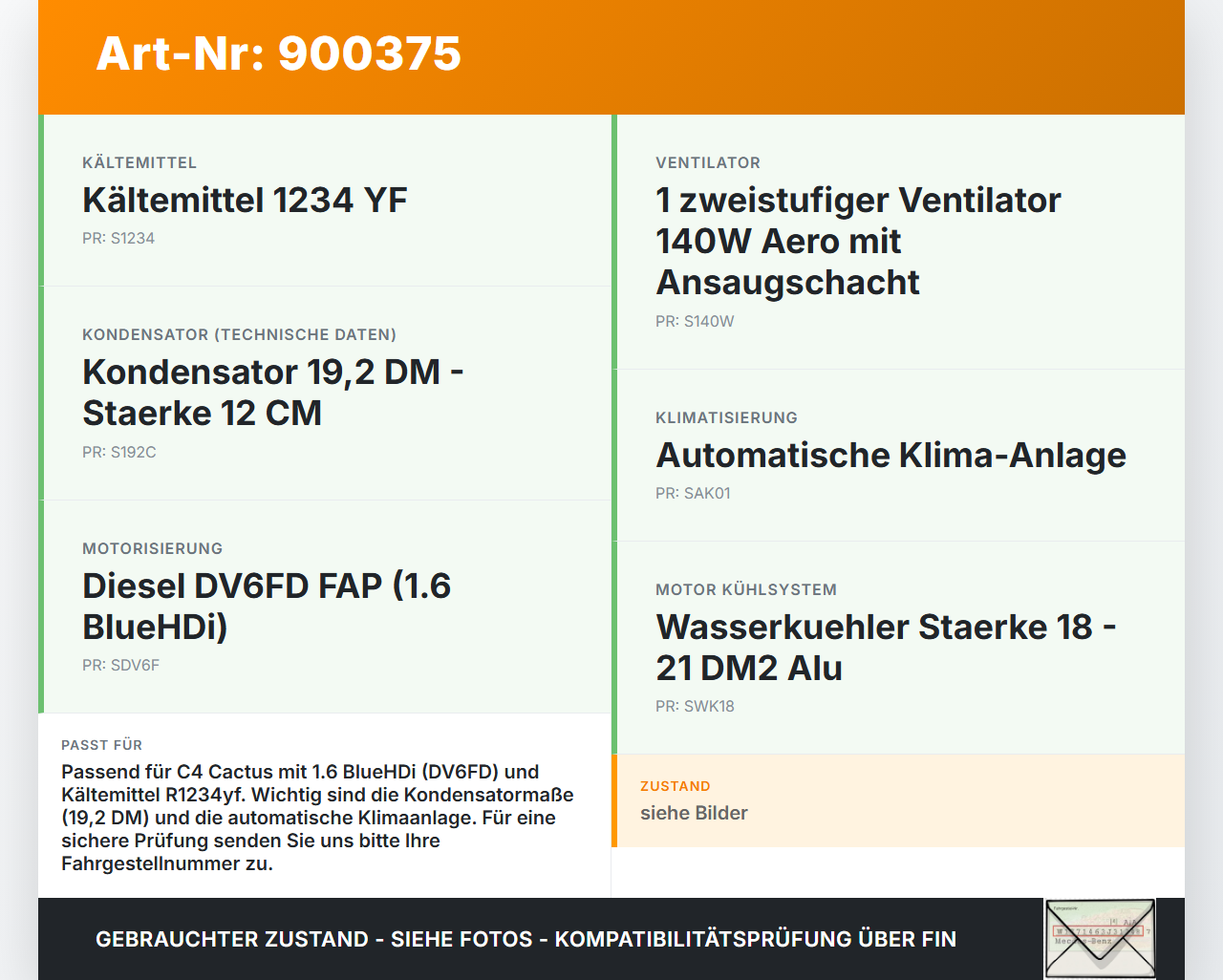 Citroen C4 Cactus 14-18 Kondensator Klimakühler AC Citroen C4 Cactus 14-18 01.01.2016 6455HF 9683562980 M143443... Vorschau 3