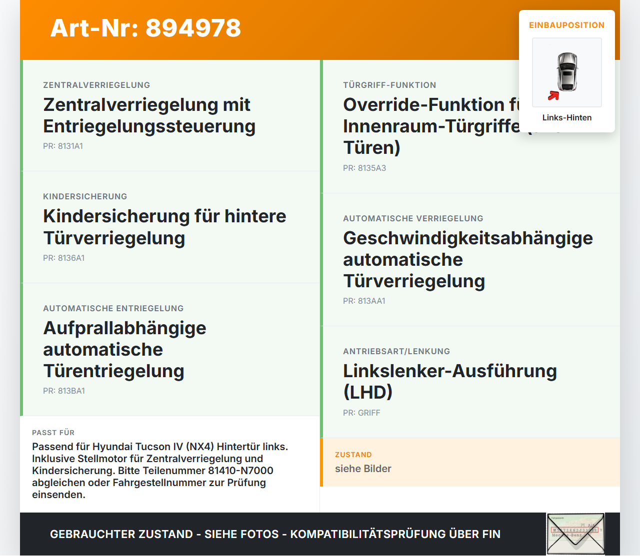 Hyundai Tucson IV NX4 20-24 Türschloss m. ZV Stellmotor Links Hinten Hyundai Tucson IV NX4 20-24 17.12.2020... Vorschau 3