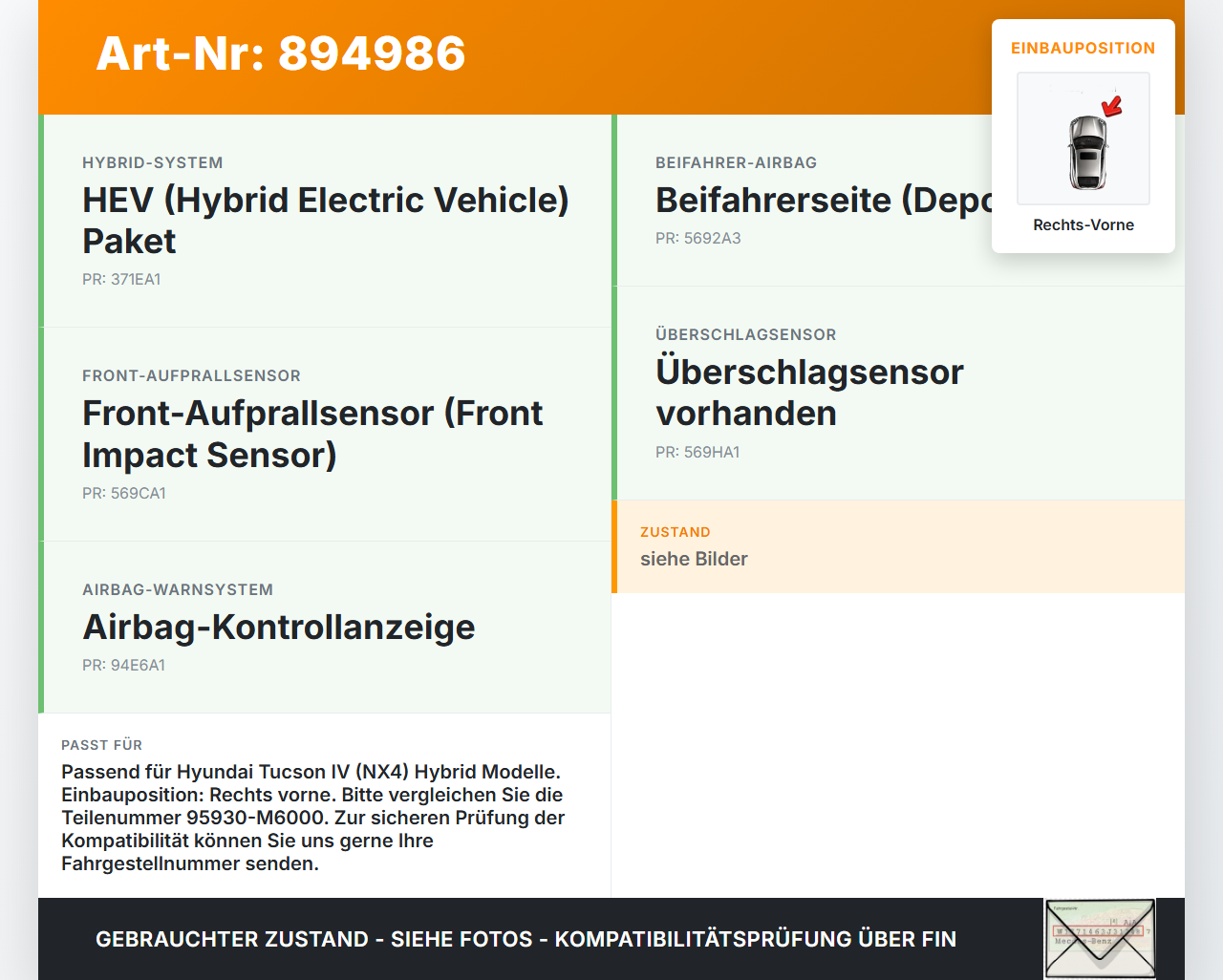 Hyundai Tucson IV NX4 20-24 Sensor für Airbag Crashsensor Airbagsensor Rechts Vorne Hyundai Tucson IV NX4 20-24... Vorschau 3
