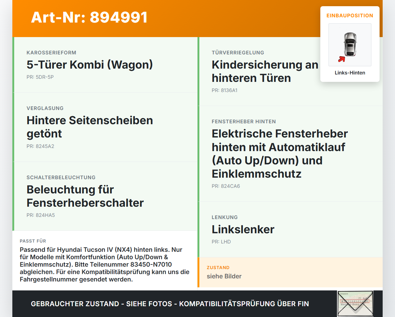 Hyundai Tucson IV NX4 20-24 Fensterhebermotor mit Fensterheber Links Hinten Hyundai Tucson IV NX4 20-24 17.12.2020... Vorschau 3