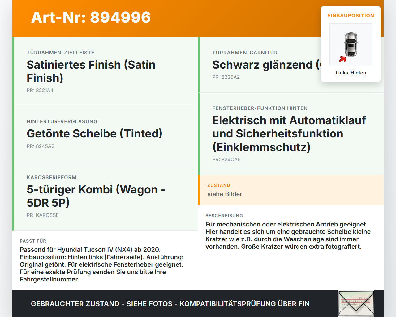 Hyundai Tucson IV NX4 20-24 Seitenscheibe LHK für Tür Fenster Scheibe Links Hinten Orig. getönt Hyundai Tucson IV... Vorschau 3