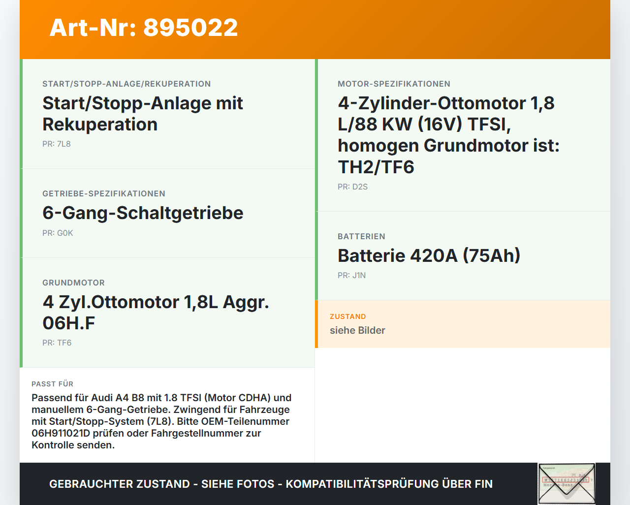 Audi A4 8K B8 11-15 TFSI 1,8 88KW Anlasser Starter Audi A4 8K B8 11-15 14.03.2014 201402140 06H911021D gebraucht Vorschau 3