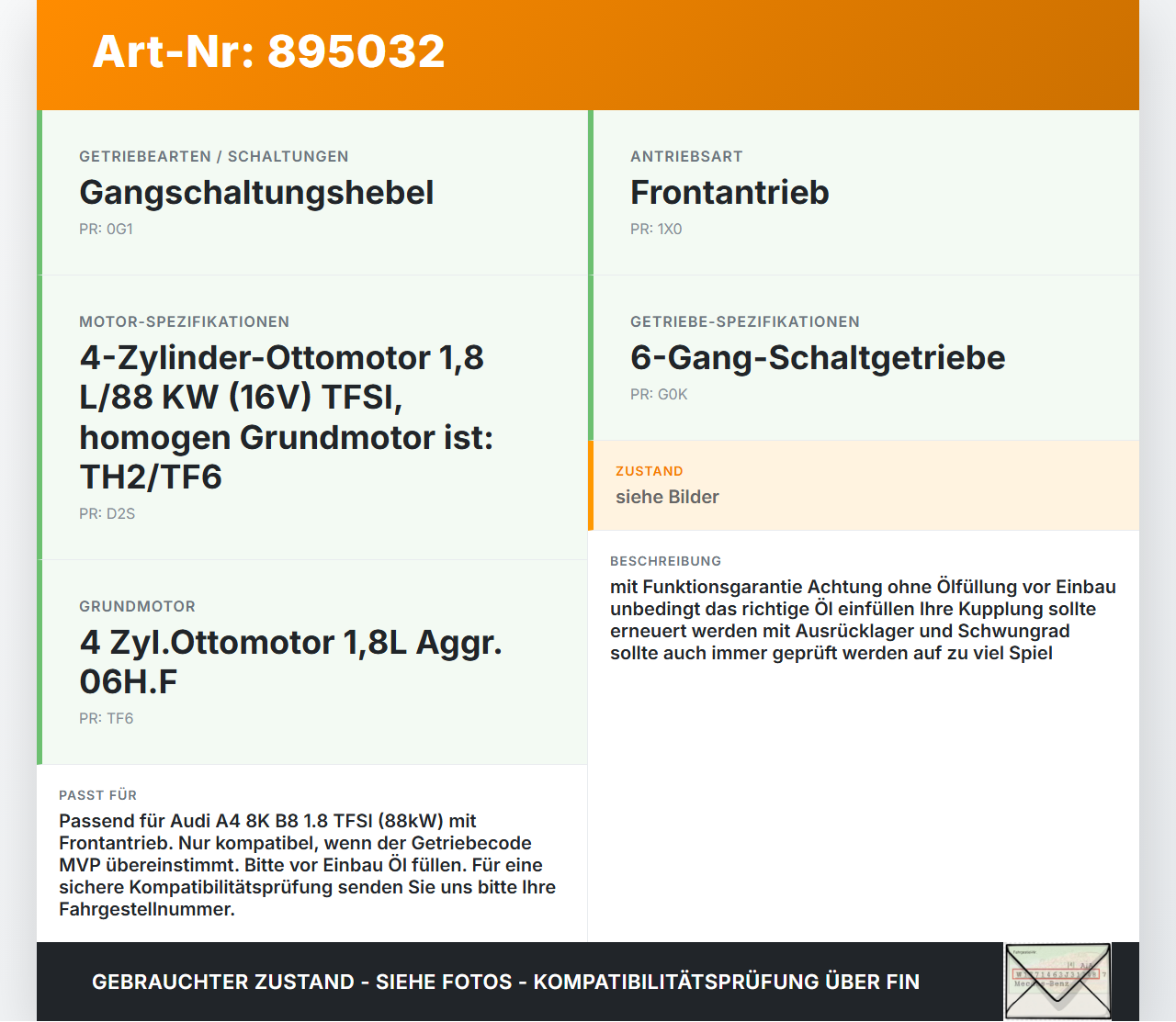 Audi A4 8K B8 11-15 TFSI 1,8 88KW MVP Schaltgetriebe Getriebe MVP Audi A4 8K B8 11-15 14.03.2014 031301230... Vorschau 3