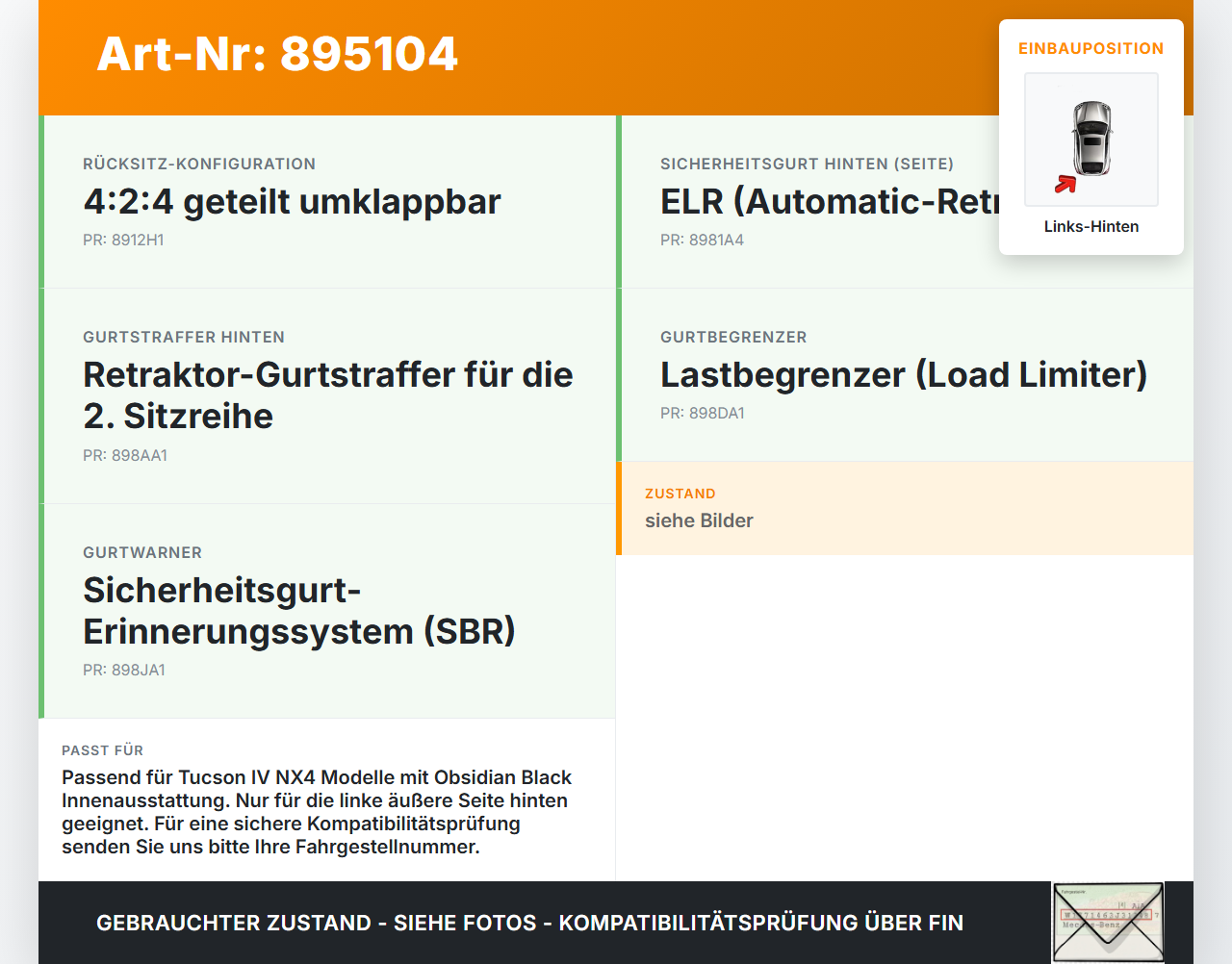 Hyundai Tucson IV NX4 20-24 Gurtschloss Links Hinten Hyundai Tucson IV NX4 20-24 17.12.2020 89830N7000NNB... Vorschau 3