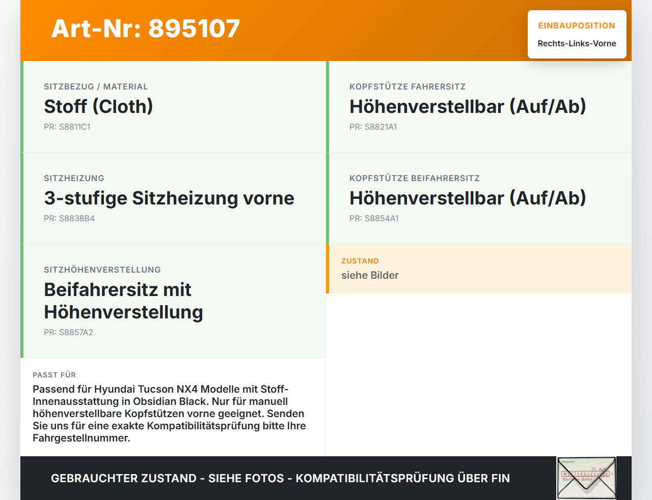 Hyundai Tucson IV NX4 20-24 Kopfstütze für Beifahrer Sitz Rechts oder Links Vorne Hyundai Tucson IV NX4 20-24... Vorschau 3