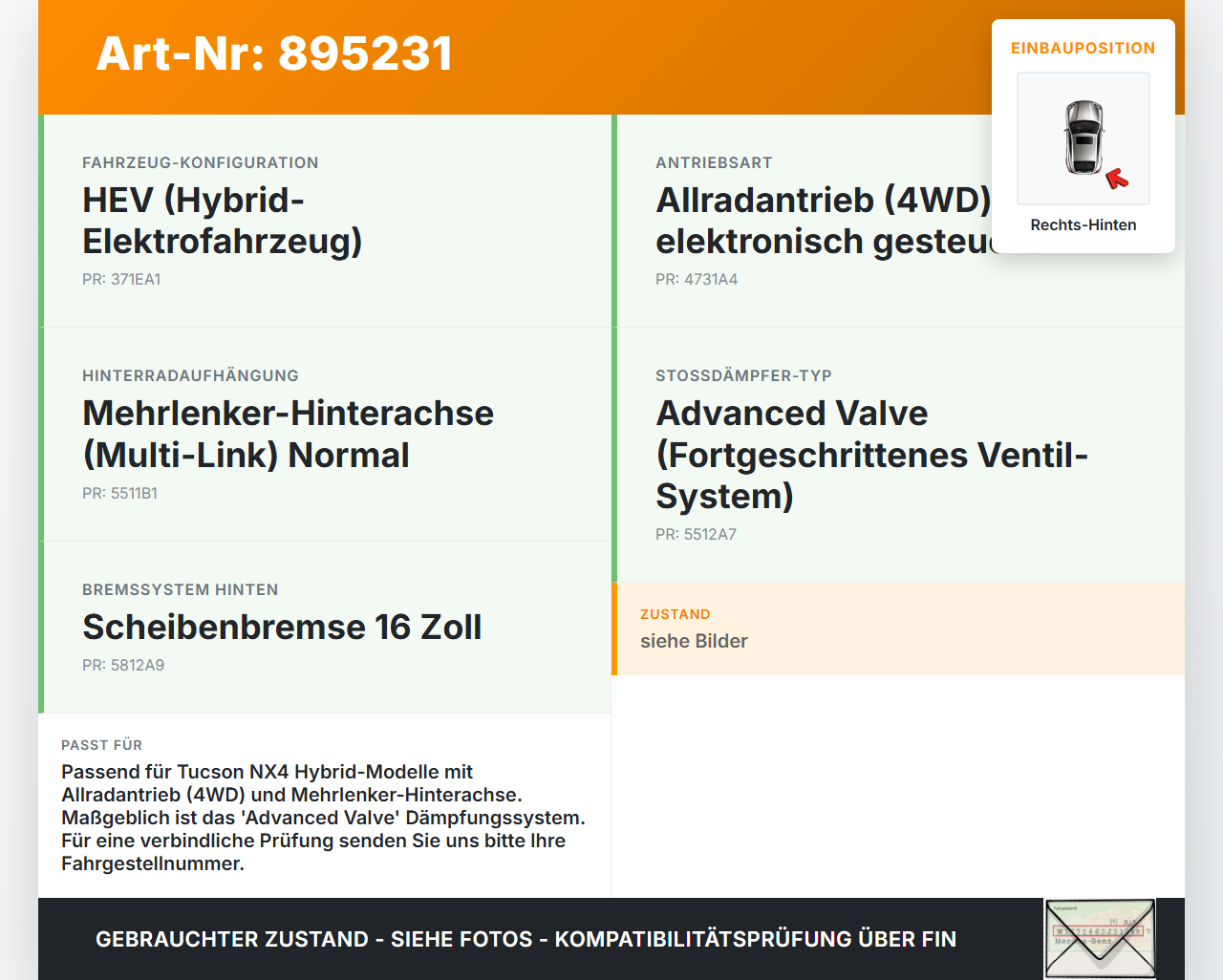 Hyundai Tucson IV NX4 20-24 Stossdämpfer Rechts Hinten Hyundai Tucson IV NX4 20-24 17.12.2020 55300-CZ010 gebraucht Vorschau 3