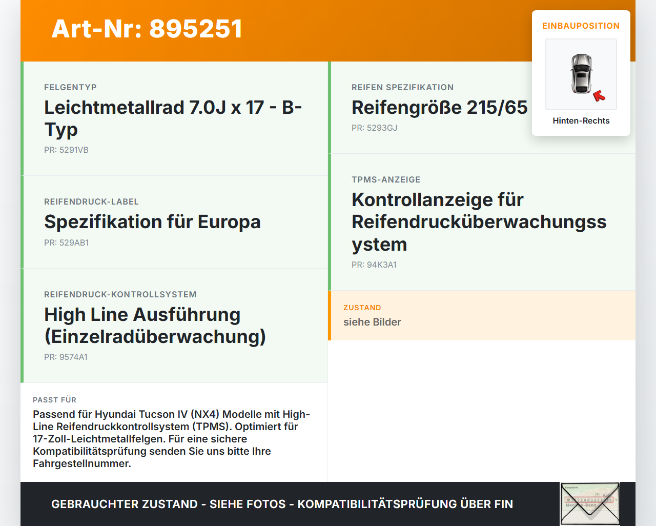 Hyundai Tucson IV NX4 20-24 Reifendruck Sensor Radsensor Reifendrucksensor Hinten Rechts Hyundai Tucson IV NX4... Vorschau 3