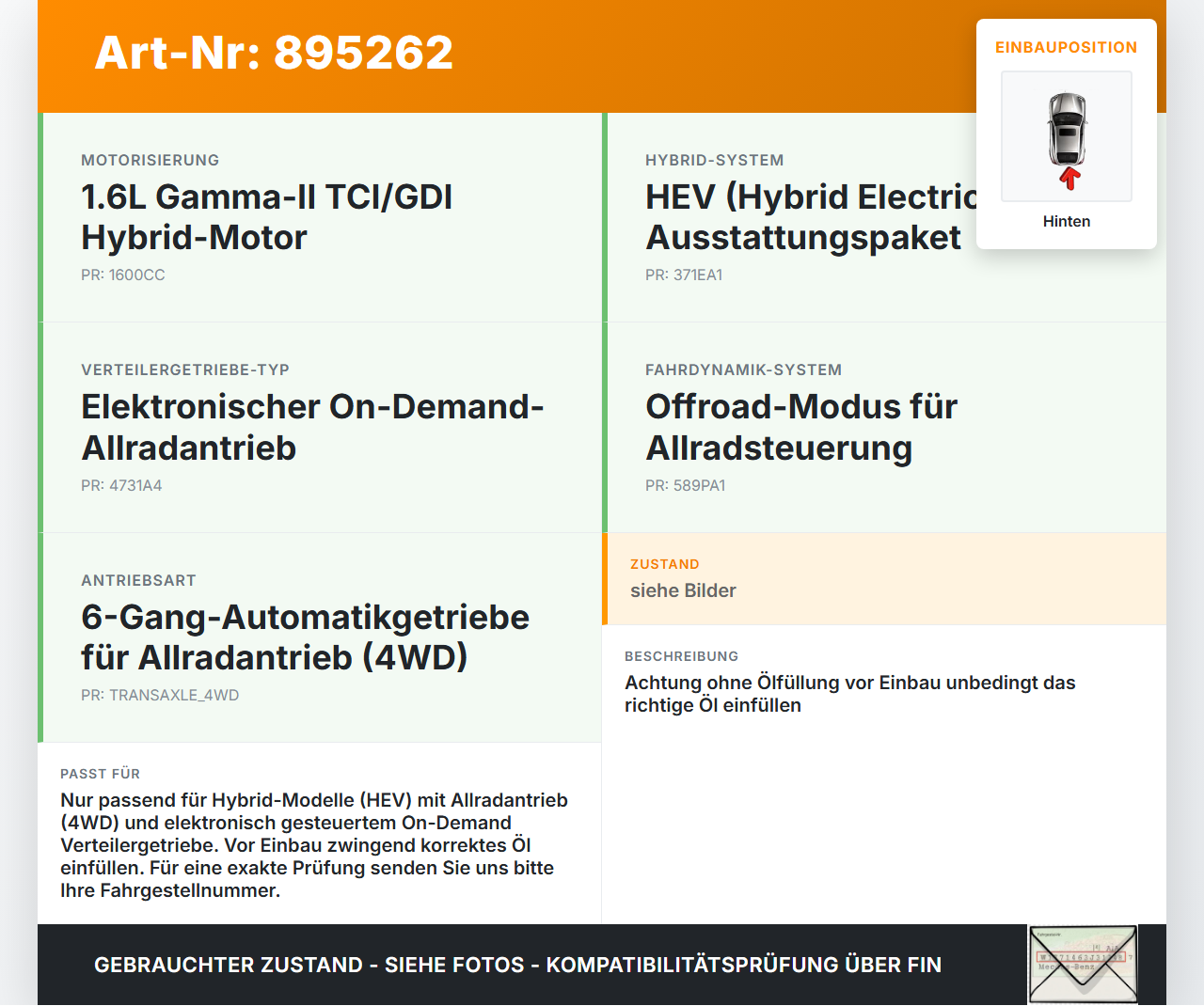 Hyundai Tucson IV NX4 20-24 Hybrid 1,6 132KW Differential Hinterachsgetriebe Hinten Hyundai Tucson IV NX4 20-24... Vorschau 3