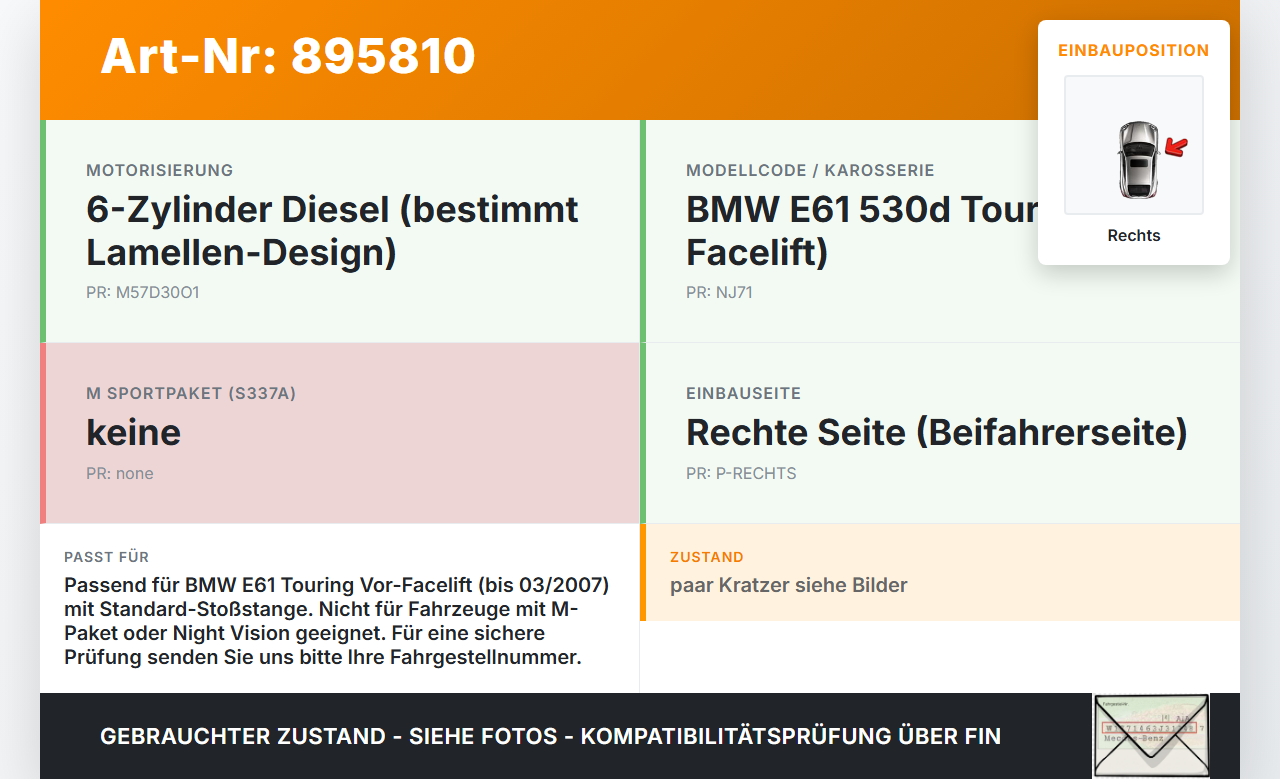 BMW E61 530d 04-07 Frontgrill Kühlergrill Niere Rechts BMW E61 530d 04-07 31.03.2005 7065702 51137065702 gebraucht Vorschau 3