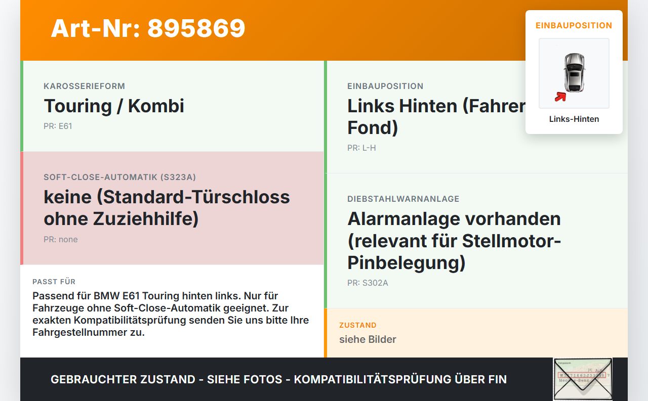 BMW E61 530d 04-07 Kombi Türschloss m. ZV Stellmotor Links Hinten BMW E61 530d 04-07 31.03.2005 7202147 51227202147... Vorschau 3