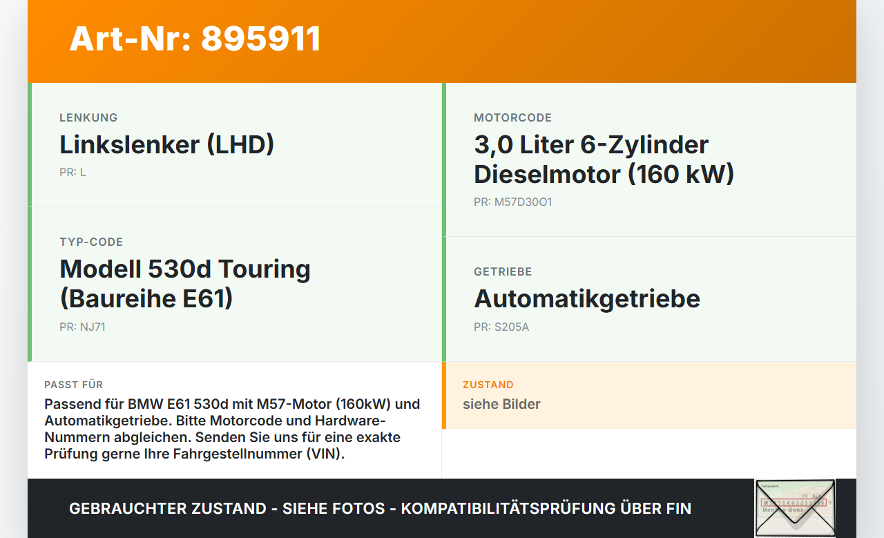 BMW E61 530d 04-07 3,0d 160KW Motor Steuergerät ECU Motorsteuergerät BMW E61 530d 04-07 31.03.2005 51821929... Vorschau 3