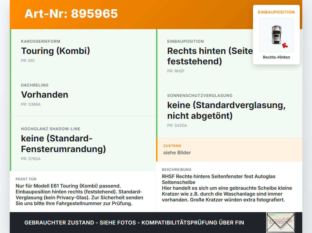 BMW E61 530d 04-07 Kombi Seitenscheibe Feste Scheibe Rechts Hinten BMW E61 530d 04-07 31.03.2005 7044176... Vorschau 3