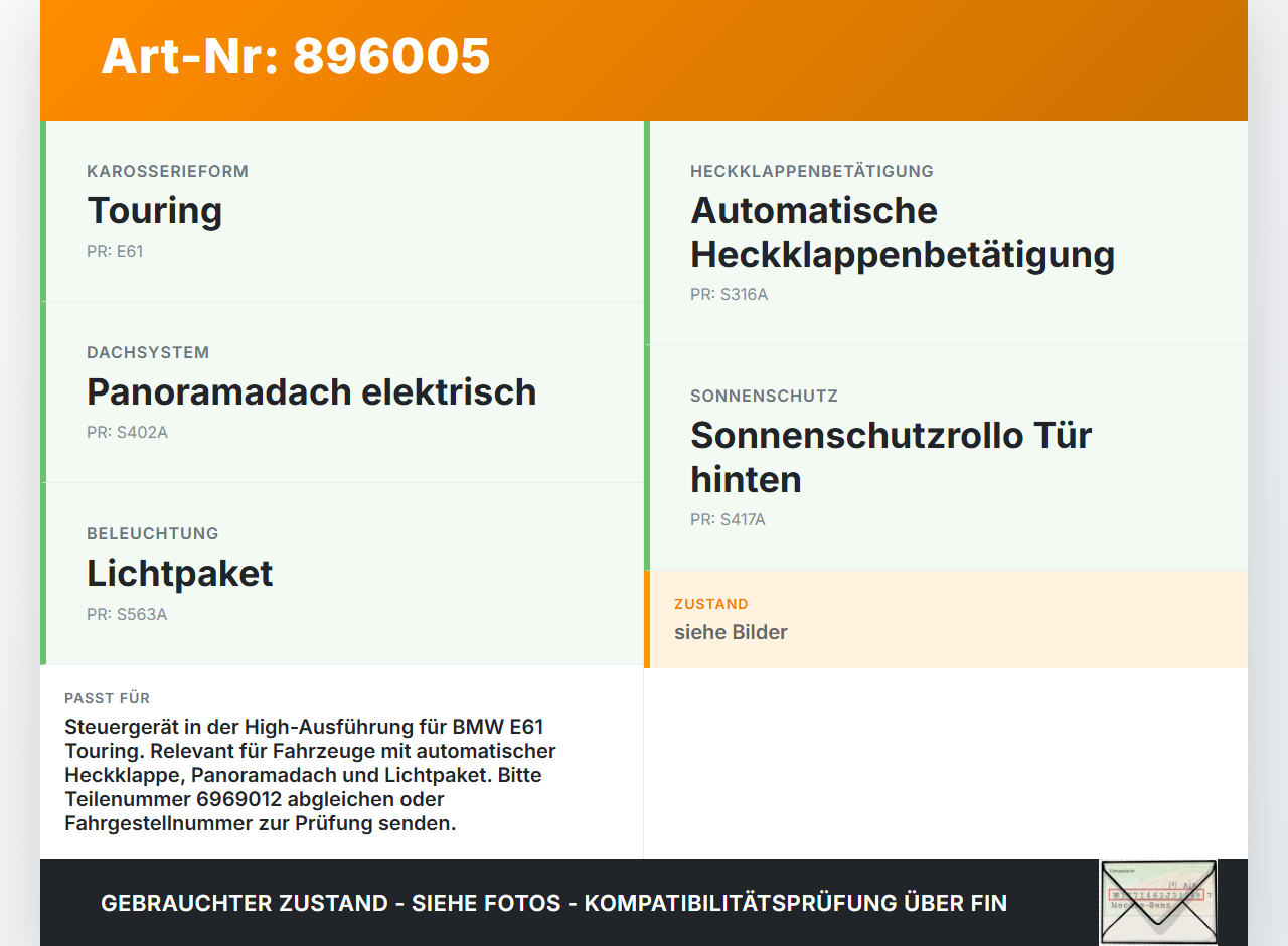 BMW E61 530d 04-07 Steuergerät SG E6xKBM High Karosserie BMW E61 530d 04-07 31.03.2005 9176070 61359176070 6969012... Vorschau 3
