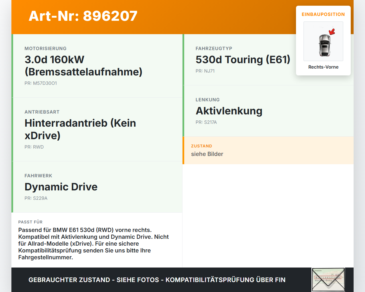 BMW E61 530d 04-07 3,0d 160KW Achsschenkel Radnabe mit ABS Rechts Vorne BMW E61 530d 04-07 31.03.2005 6760954... Vorschau 3