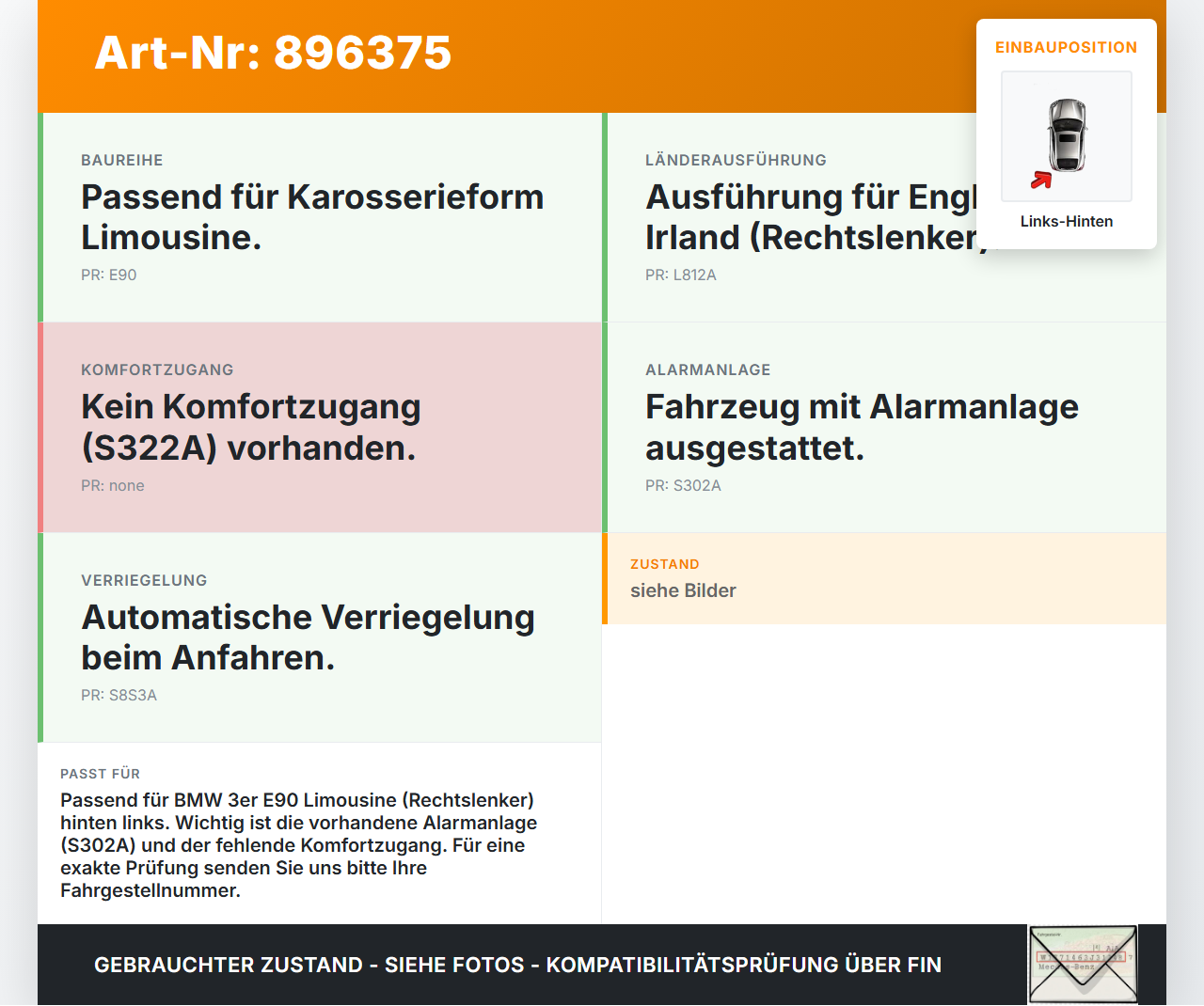 BMW E90 3er 325d 06-09 Lim Türschloss m. ZV Stellmotor Links Hinten BMW E90 3er 325d 06-09 29.04.2008 7202147... Vorschau 3