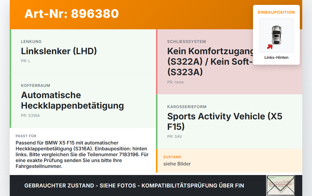 BMW X5 F15 13-18 3,0d 190KW Schloss f. Heckklappe mit Mikroschalter Links Hinten BMW X5 F15 13-18 21.06.2013... Vorschau 3