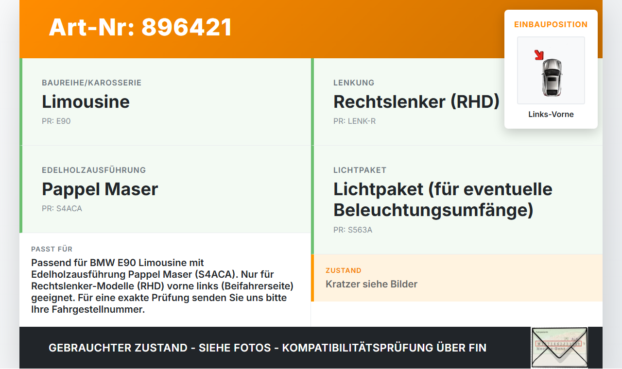 BMW E90 3er 325d 06-09 Lim Türleiste Links Vorne Innen Türverkleidung Holzdekor A51 BMW E90 3er 325d 06-09... Vorschau 3