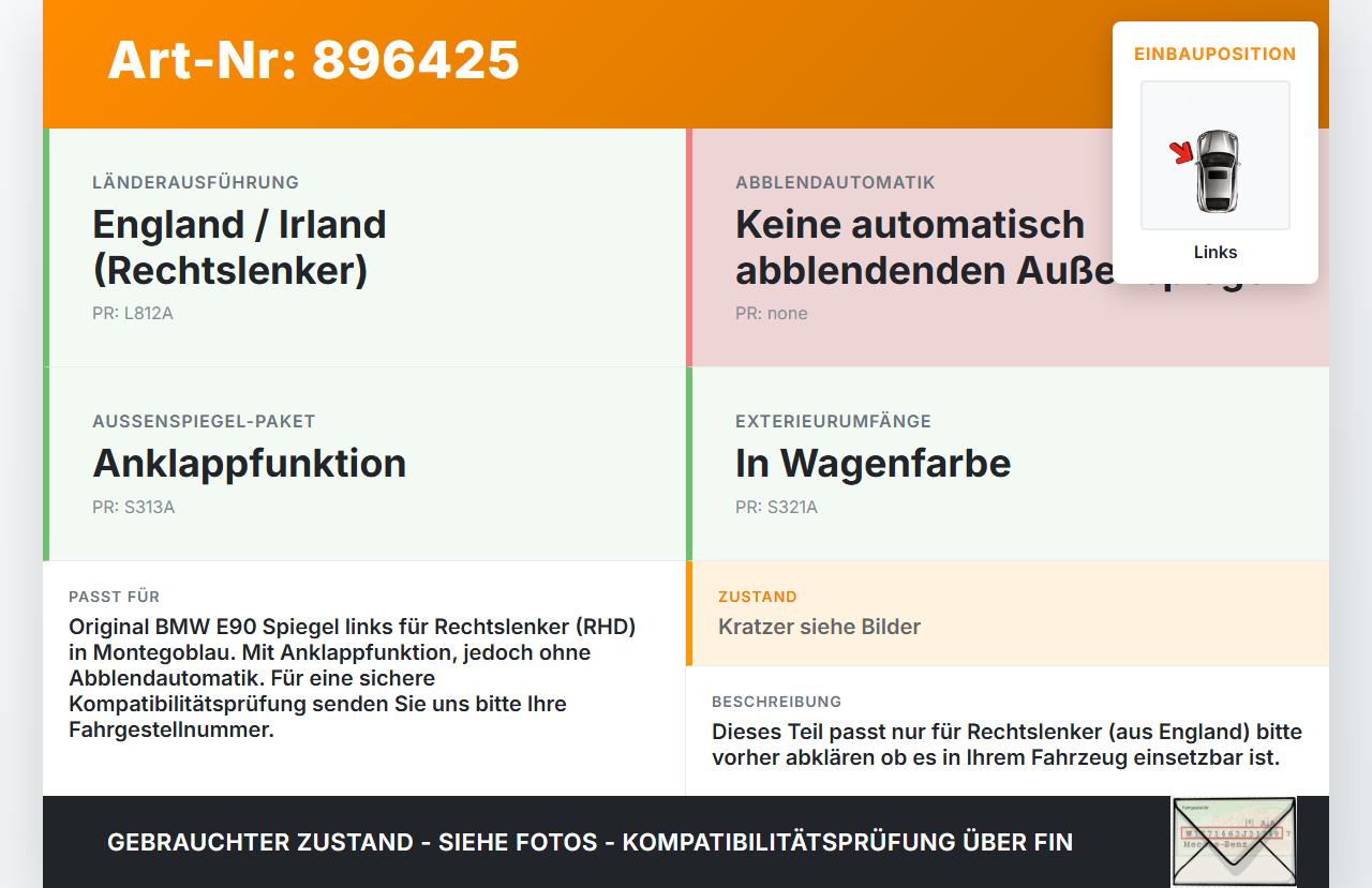 BMW E90 3er 325d 06-09 RHD Spiegel Aussenspiegel Links A51 BMW E90 3er 325d 06-09 29.04.2008 7189969 51167189969... Vorschau 3