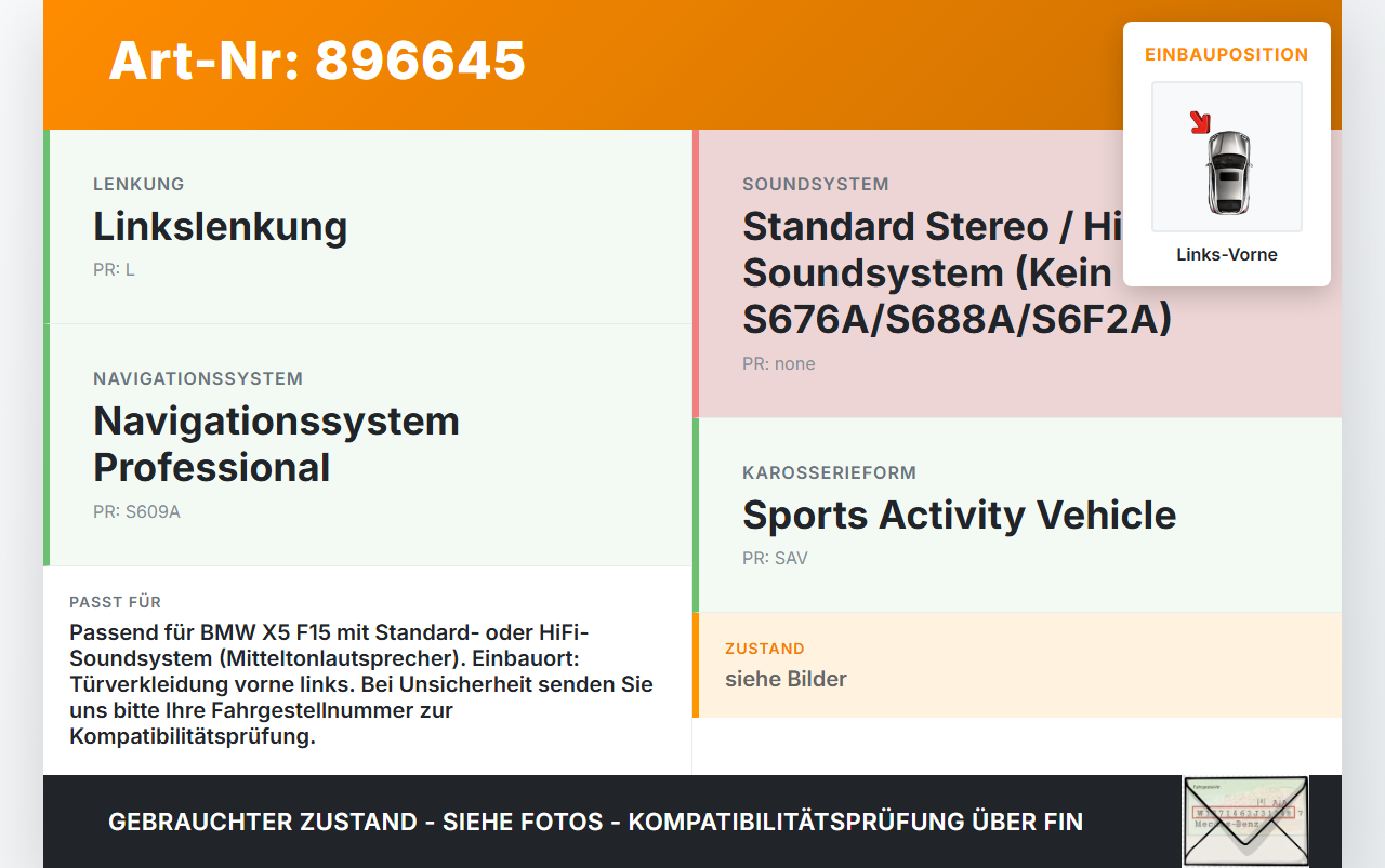 BMW X5 F15 13-18 Lautsprecher Links Vorne BMW X5 F15 13-18 21.06.2013 9286366 65.13-9286366-01 6513-9286366 gebraucht Vorschau 3