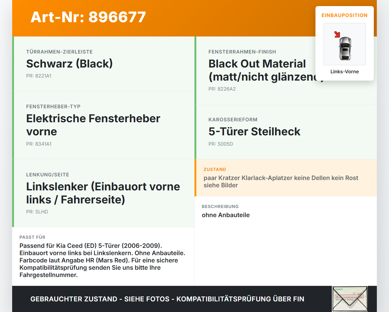 KIA Ceed ED 06-09 5T Tür Fahrertür Links Vorne HR KIA Ceed ED 06-09 23.03.2007 gebraucht Vorschau 3