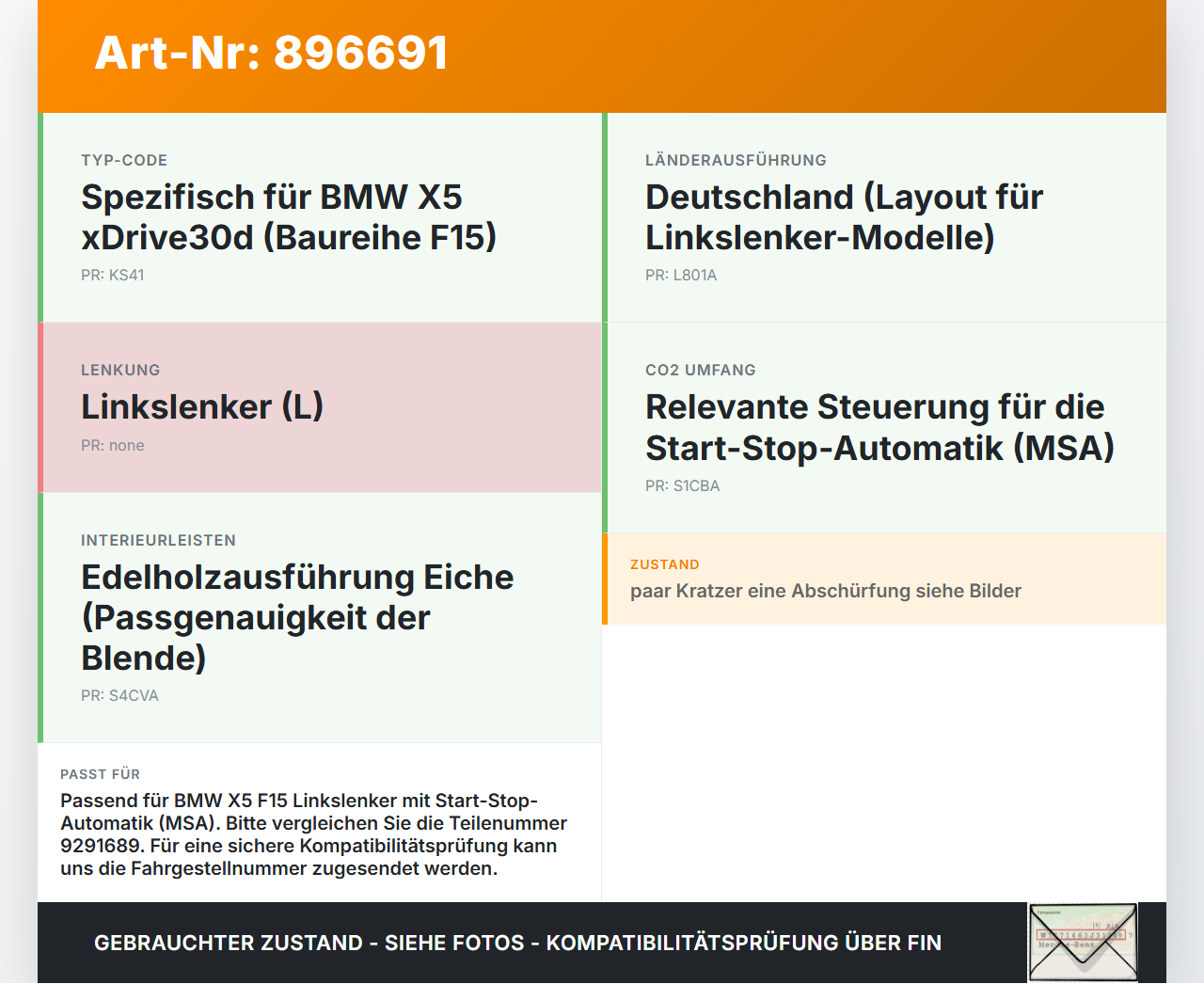 BMW X5 F15 13-18 Schalter Start Stop BMW X5 F15 13-18 21.06.2013 9291689 61319291689 3393.5401-03 9291689-02 gebraucht Vorschau 3