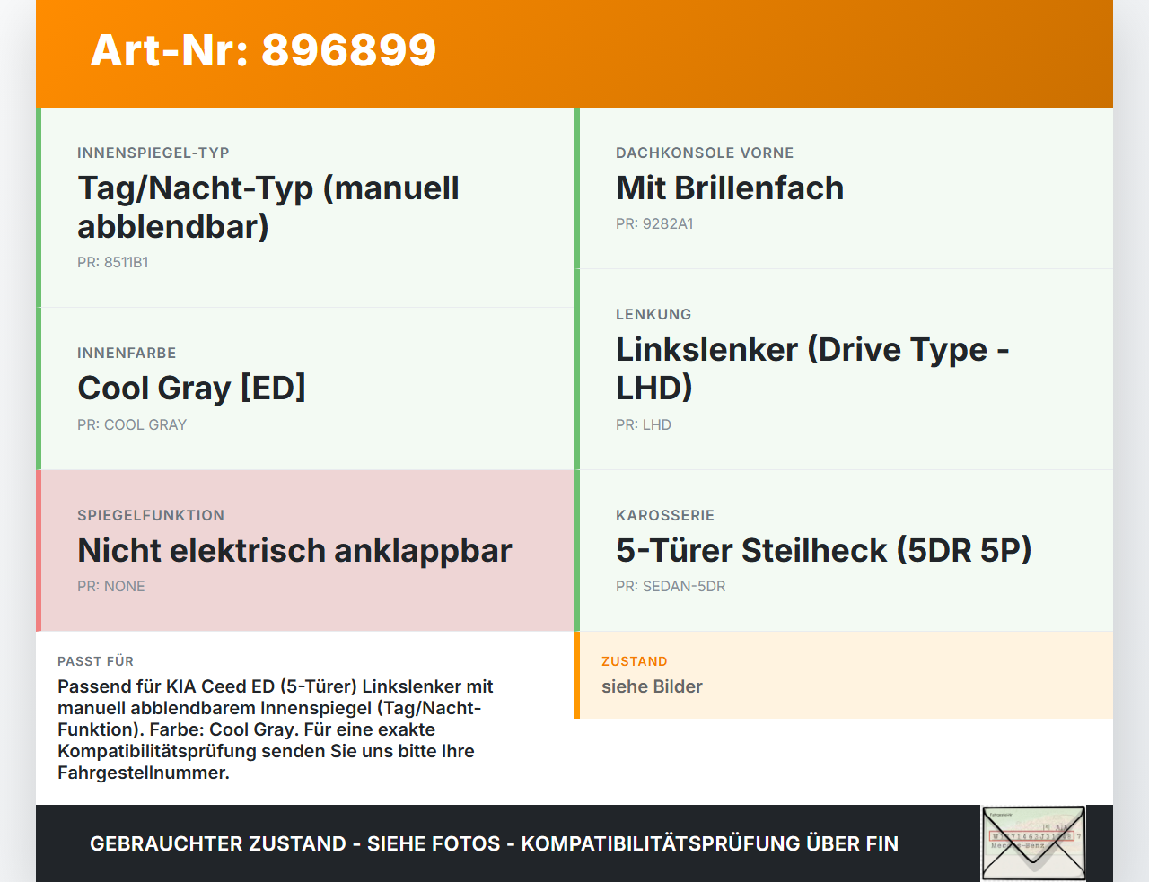 KIA Ceed ED 06-09 Innenspiegel Rückspiegel Spiegel Innen KIA Ceed ED 06-09 23.03.2007 gebraucht Vorschau 3