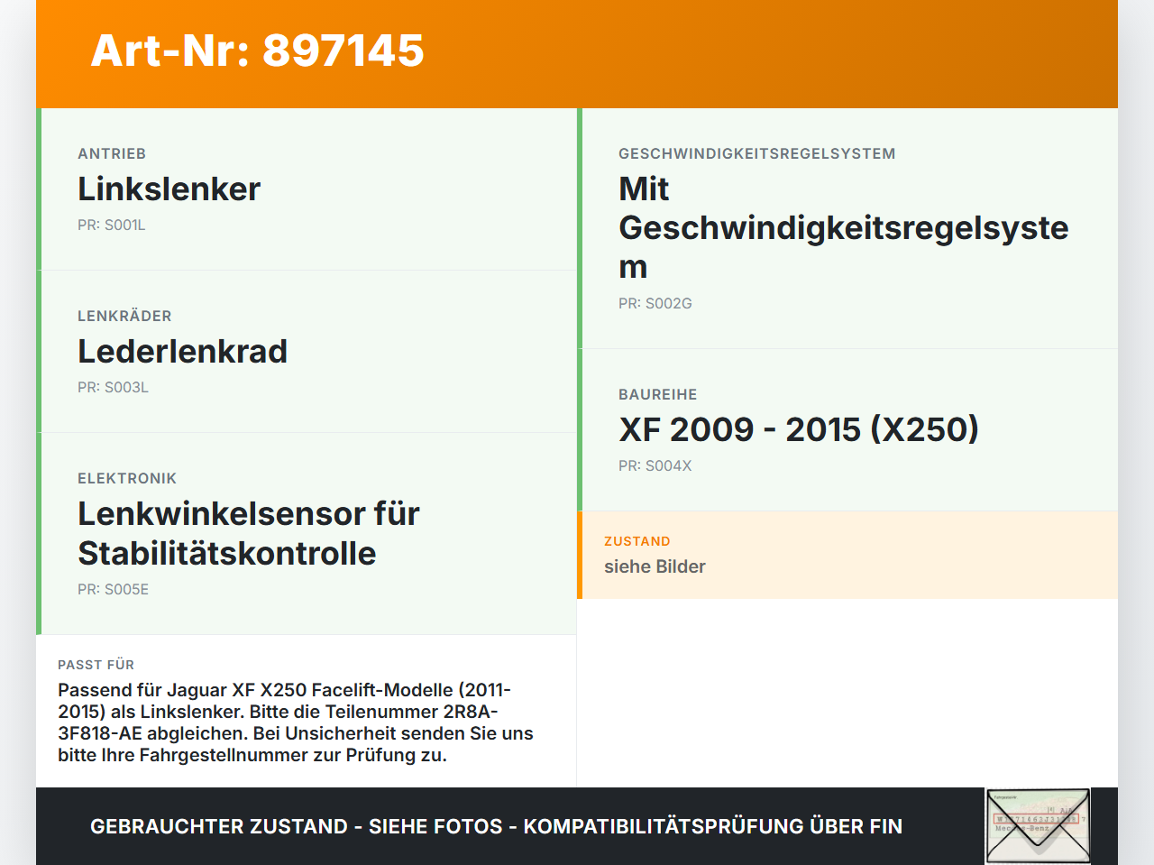Jaguar XF X250 11-15 Lenkwinkelsensor Jaguar XF X250 11-15 24.05.2013 2R8A-3F818-AE gebraucht Vorschau 3