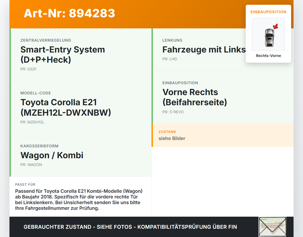 Toyota Corolla E21 18-23 Kombi Türfangband Türbremse Türanschlag Rechts Vorne Toyota Corolla E21 18-23 01.09.2019... Vorschau 3