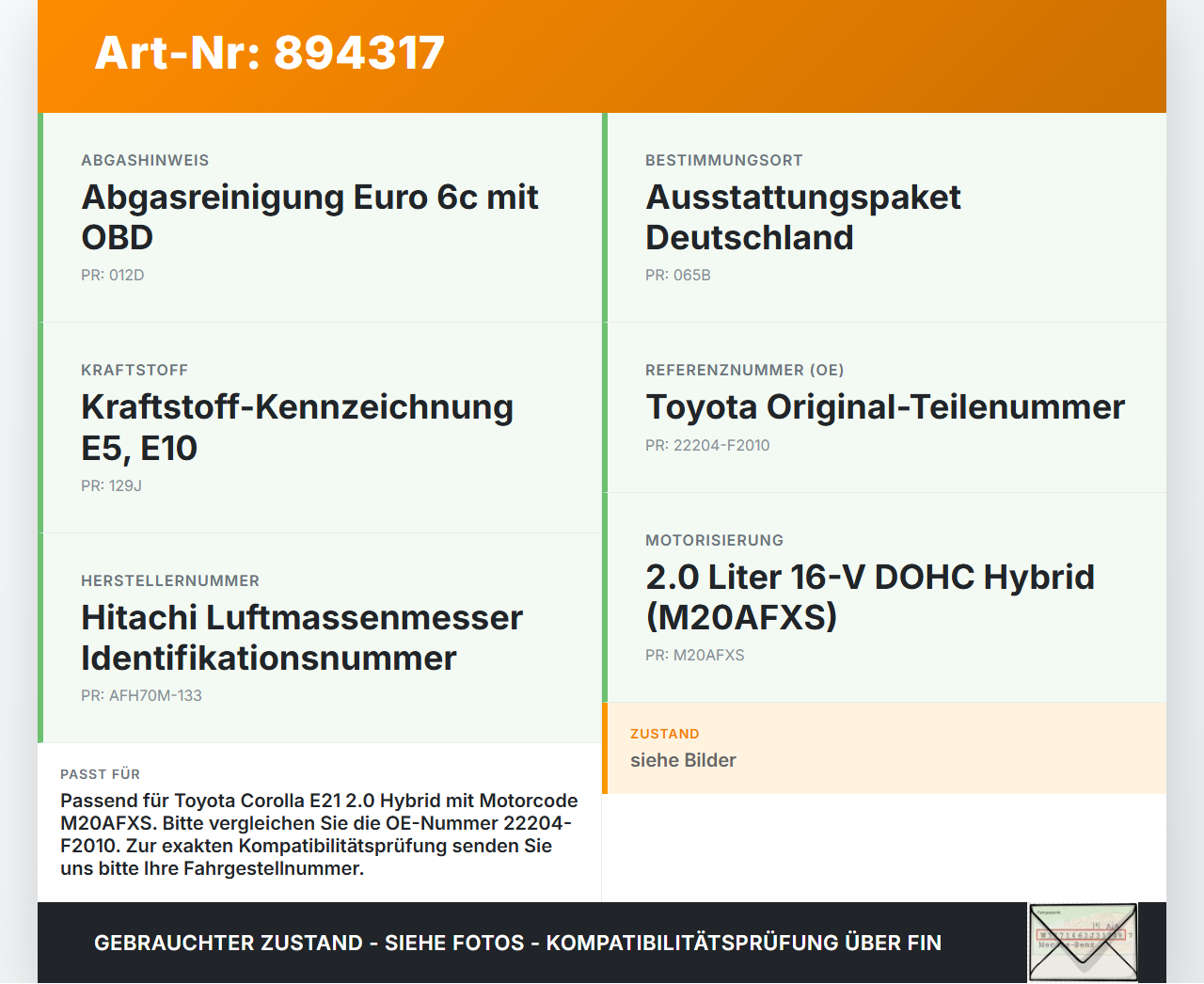 Toyota Corolla E21 18-23 Hybrid 2,0 135KW Luftmassenmesser Toyota Corolla E21 18-23 01.09.2019 22204F2010... Vorschau 3