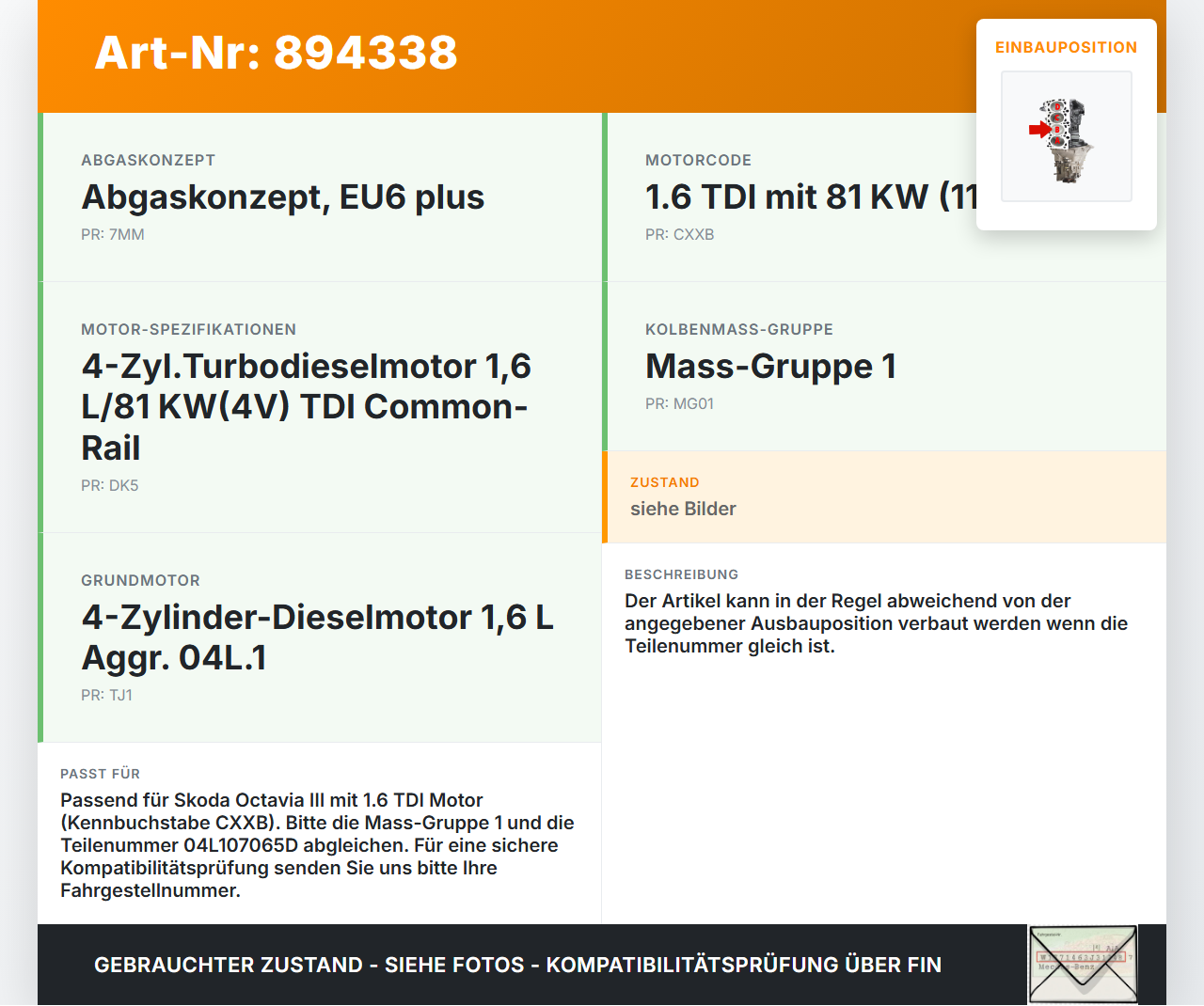 Skoda Octavia III 5E 12-17 1,6 81KW CXXB Kolben mit Pleuel Pos B Skoda Octavia III 5E 12-17 15.01.2016 04L107065D... Vorschau 3