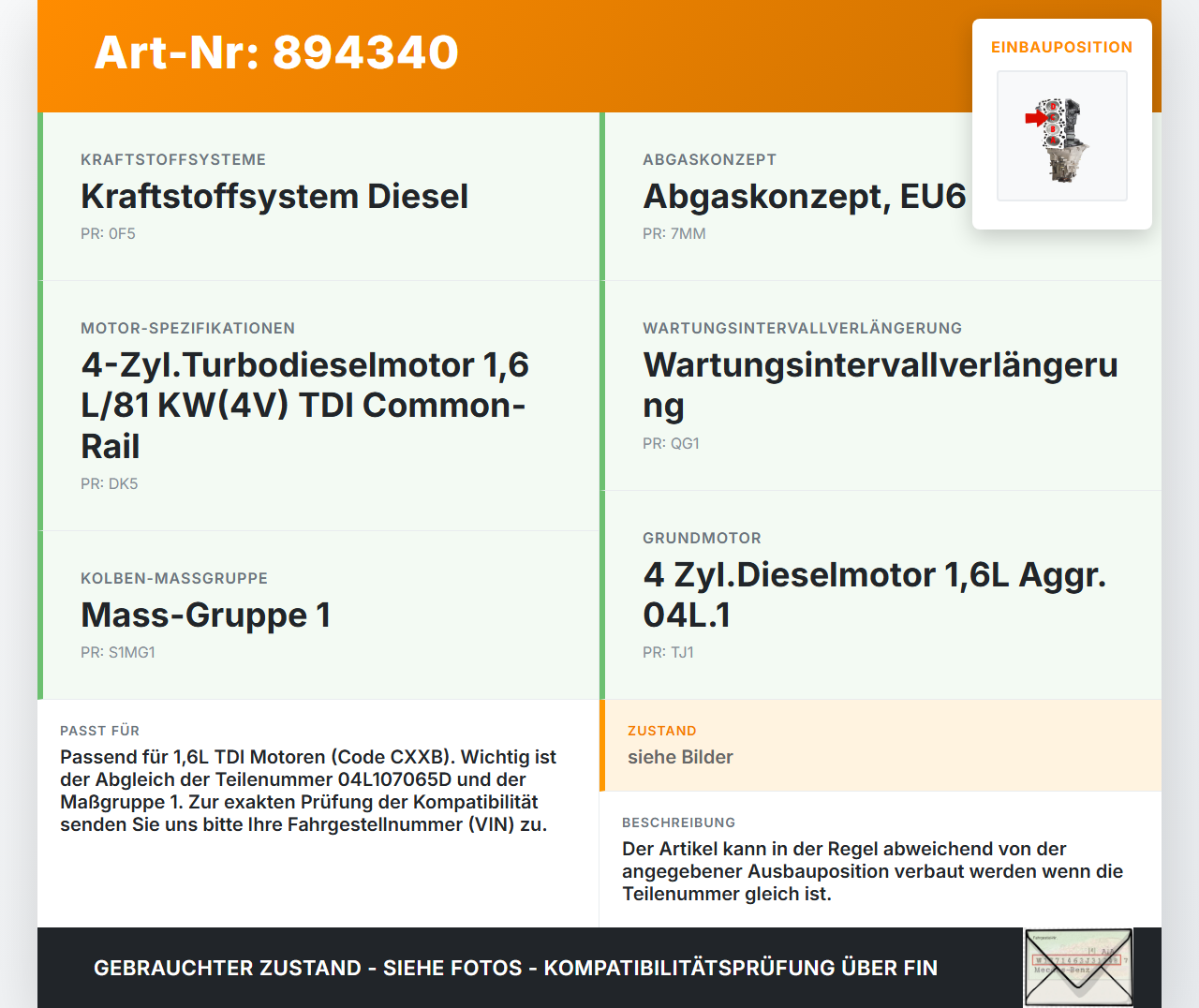 Skoda Octavia III 5E 12-17 1,6 81KW CXXB Kolben mit Pleuel Pos C Skoda Octavia III 5E 12-17 15.01.2016 04L107065D... Vorschau 3