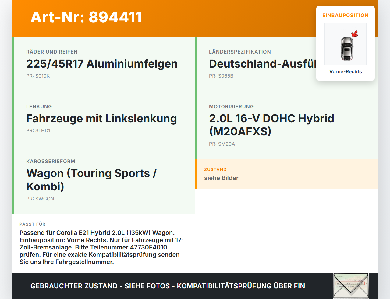 Toyota Corolla E21 18-23 Hybrid 2,0 135KW Bremssattel Bremszange Vorne Rechts Toyota Corolla E21 18-23 01.09.2019... Vorschau 3