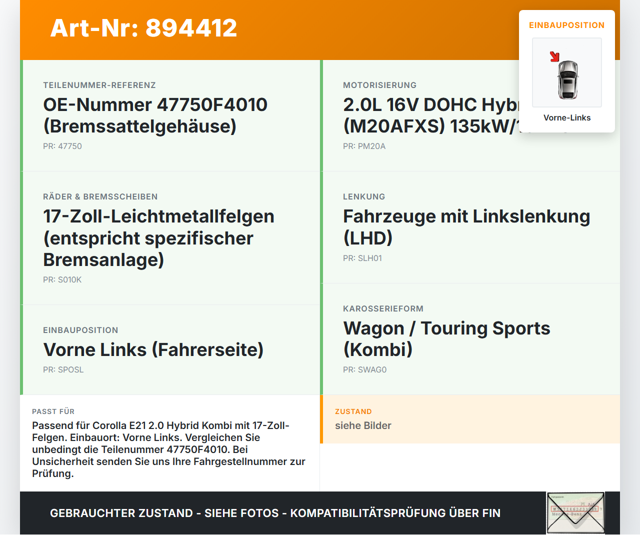 Toyota Corolla E21 18-23 Hybrid 2,0 135KW Bremssattel Bremszange Vorne Links Toyota Corolla E21 18-23 01.09.2019... Vorschau 3