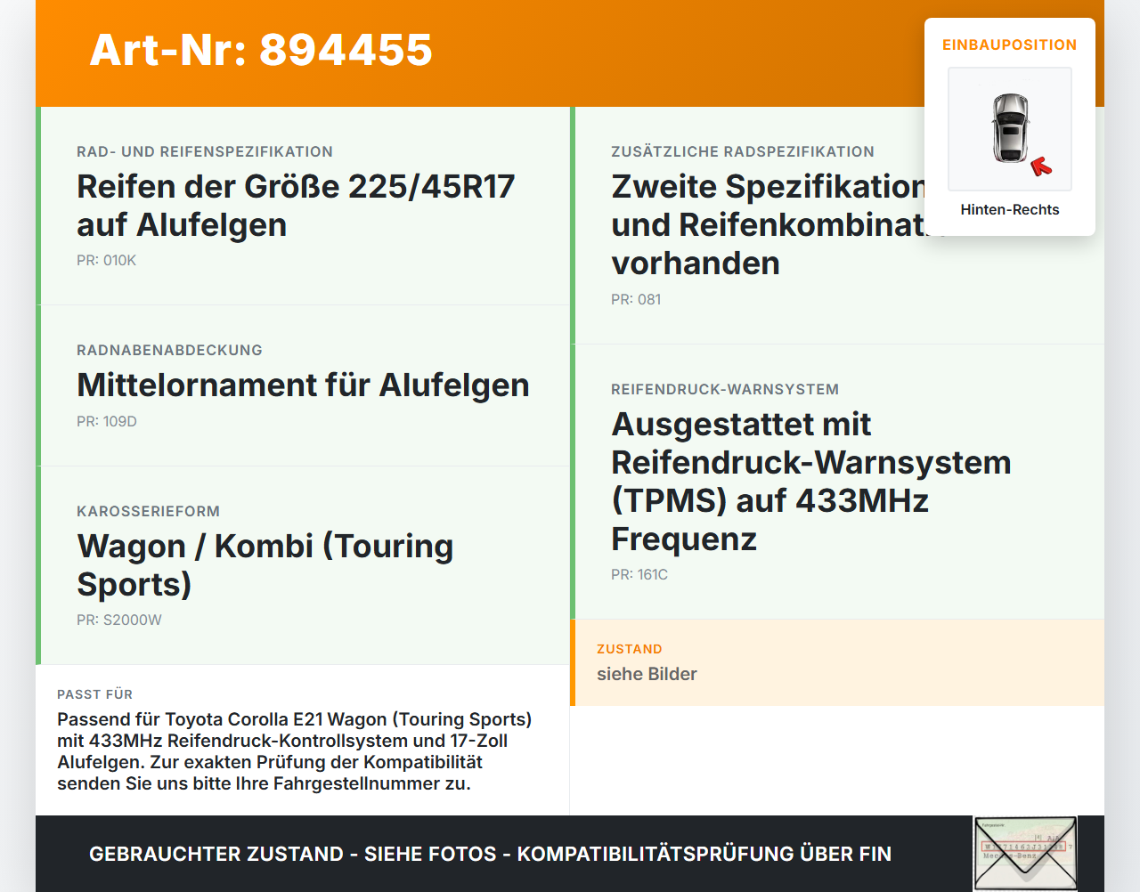 Toyota Corolla E21 18-23 Reifendruck Sensor Radsensor Reifendrucksensor Hinten Rechts Toyota Corolla E21 18-23... Vorschau 3