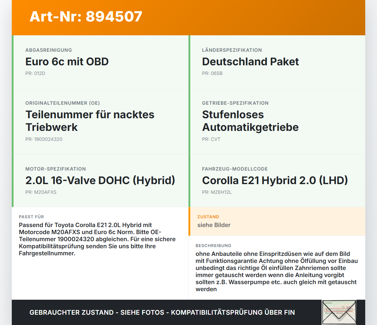 Toyota Corolla E21 18-23 Hybrid 2,0 135KW M20AFXS MZEH12 Motor Triebwerk XM20A-E92C Toyota Corolla E21 18-23... Vorschau 3