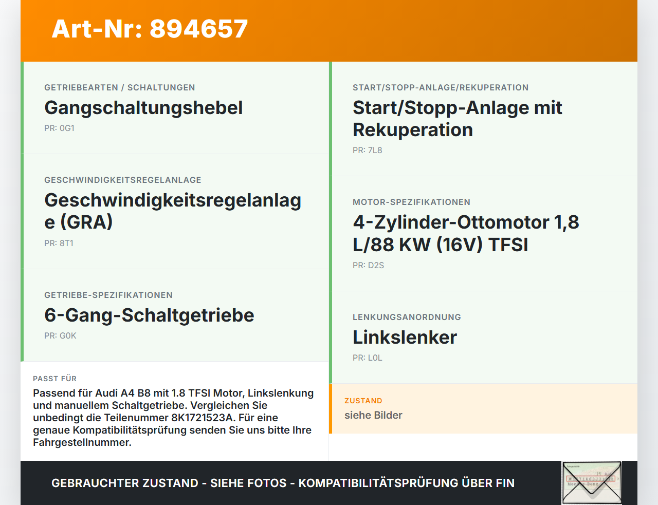 Audi A4 8K B8 11-15 TFSI 1,8 88KW Gaswertgeber Gaspedal Audi A4 8K B8 11-15 14.03.2014 8K1721523A 6PV009505-20 gebraucht Vorschau 3