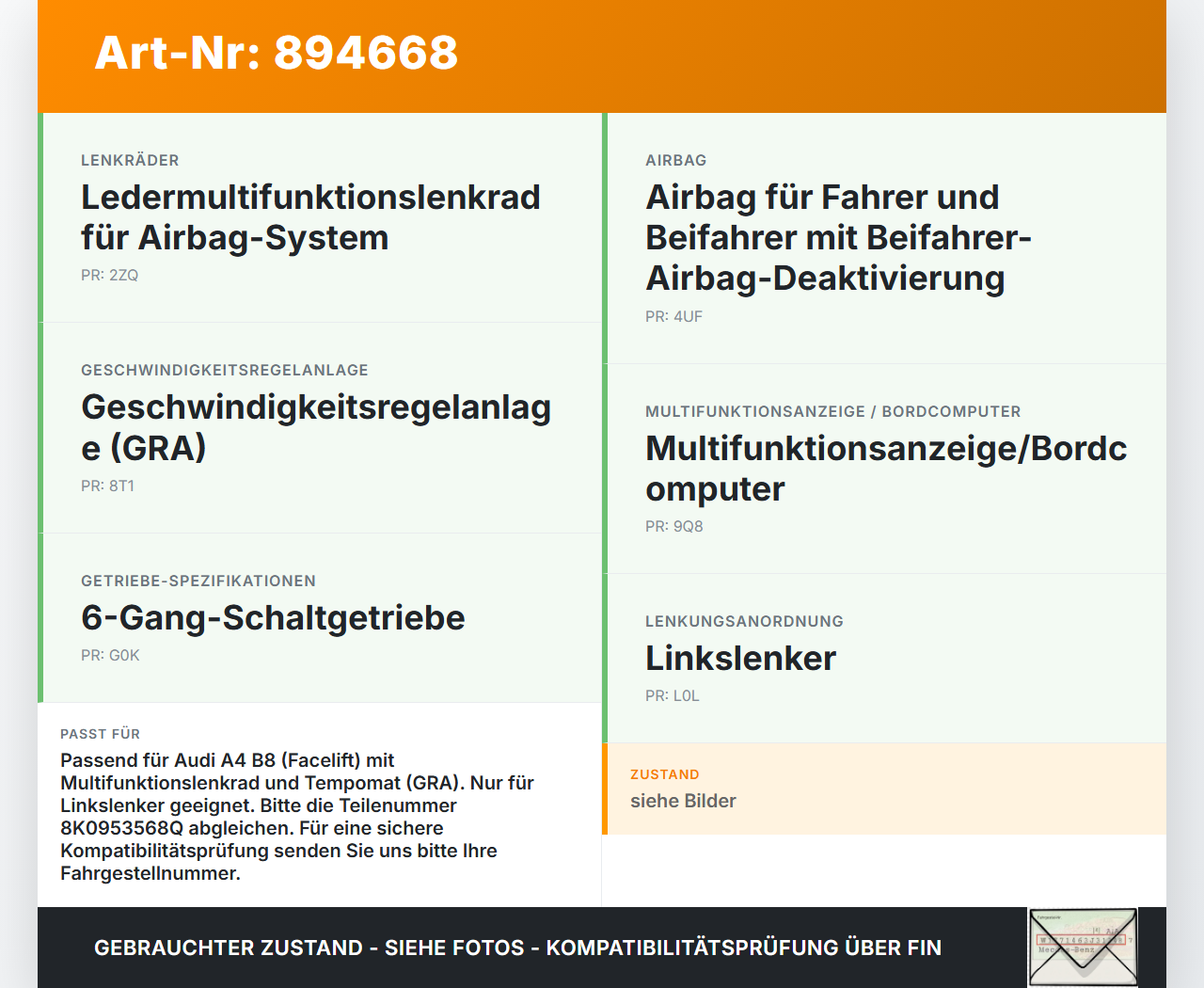 Audi A4 8K B8 11-15 Airbag Schleifring Wickelfeder Audi A4 8K B8 11-15 14.03.2014 8K0953568Q LK10091012-06 gebraucht Vorschau 3