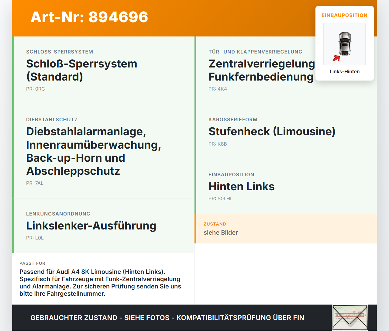 Audi A4 8K B8 11-15 Lim Türschloss m. ZV Stellmotor Links Hinten Audi A4 8K B8 11-15 14.03.2014 8K0839015C gebraucht Vorschau 3