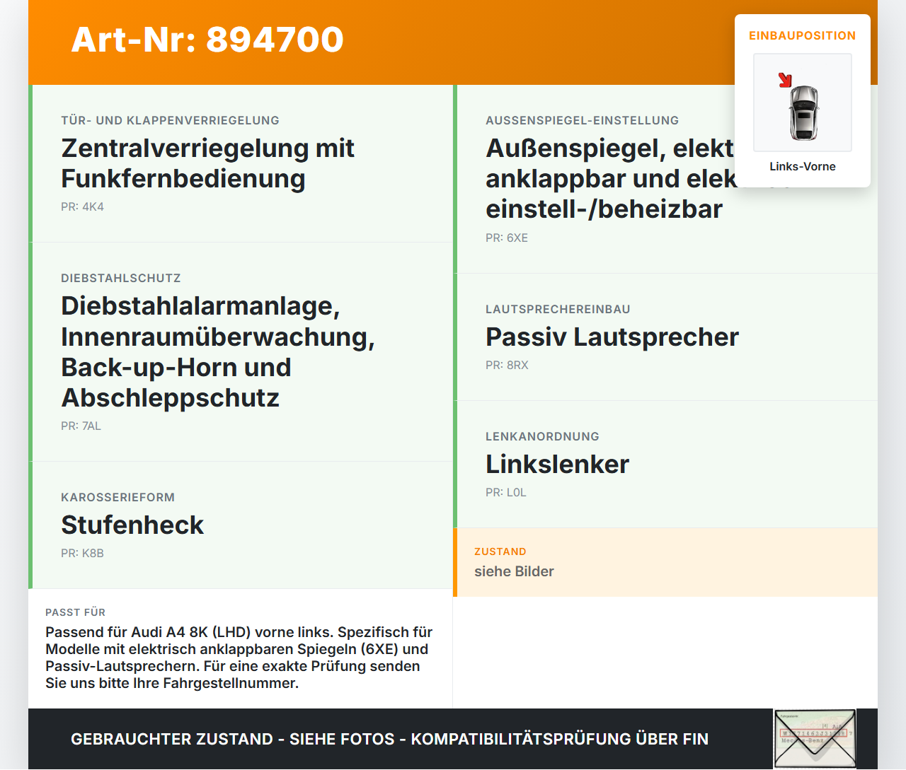 Audi A4 8K B8 11-15 Lim Kabelbaum Tür und Fensterheber Links Vorne Audi A4 8K B8 11-15 14.03.2014 8K0971029AP gebraucht Vorschau 3
