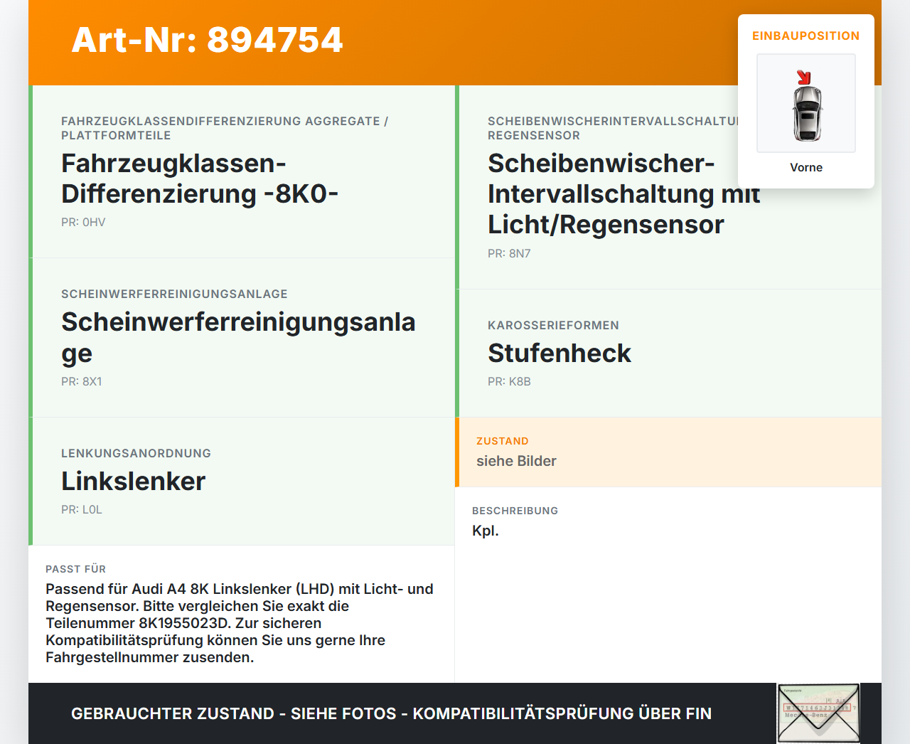 Audi A4 8K B8 11-15 Wischermotor m. Wischergestänge Vorne Audi A4 8K B8 11-15 14.03.2014 8K1955023D gebraucht Vorschau 3