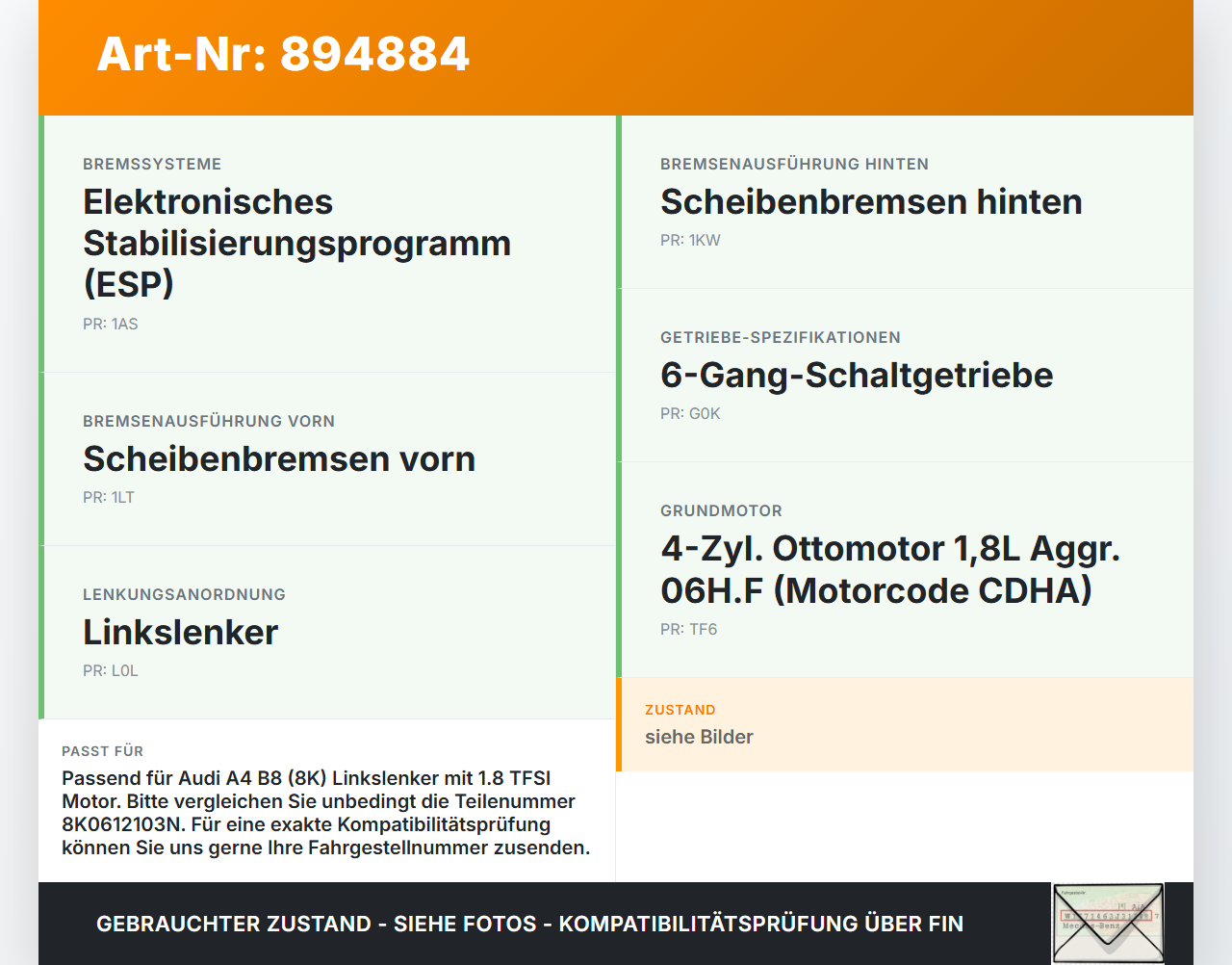 Audi A4 8K B8 11-15 TFSI 1,8 88KW Bremskraftverstärker Audi A4 8K B8 11-15 14.03.2014 8K0612107D 8K0612103N gebraucht Vorschau 3