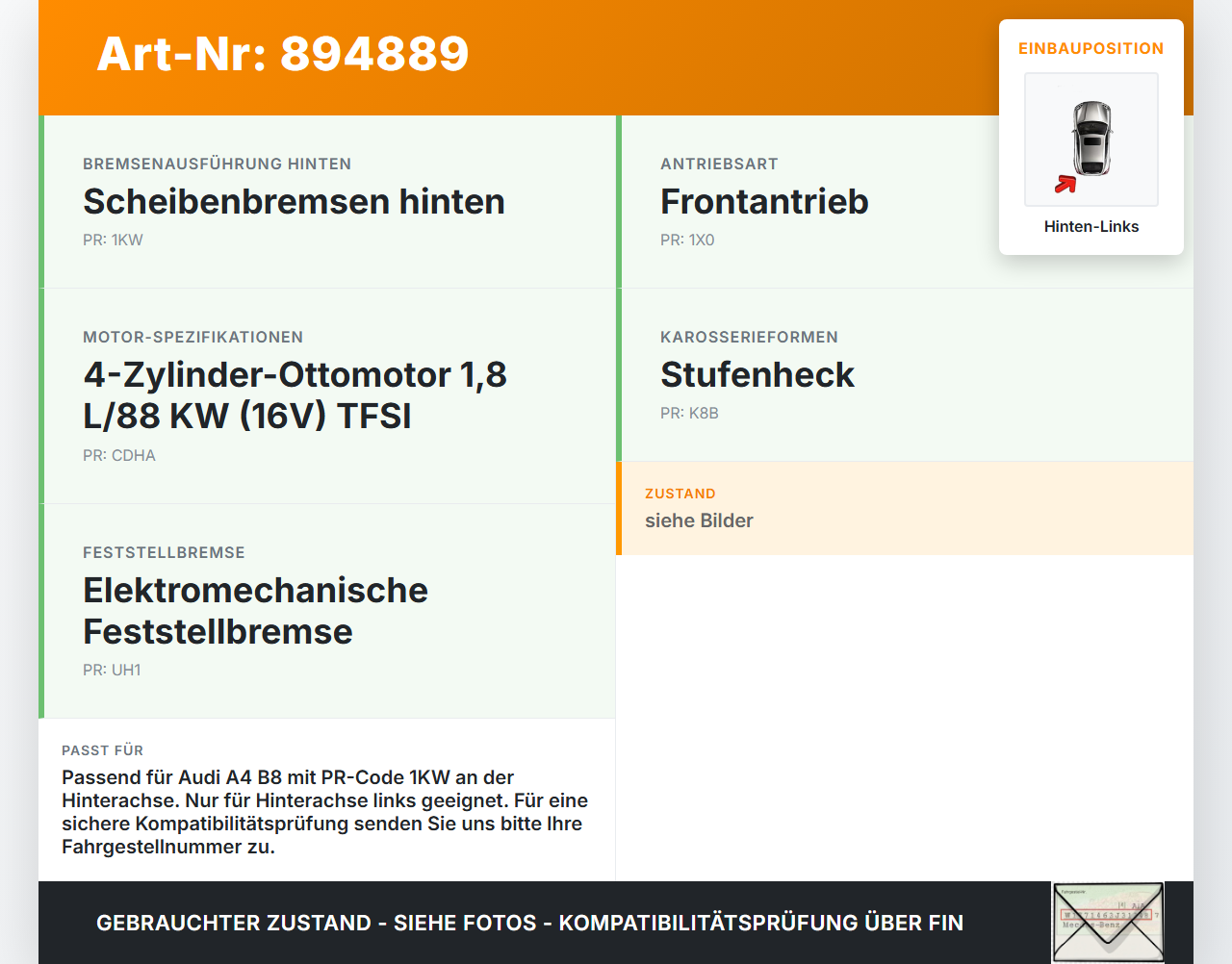 Audi A4 8K B8 11-15 TFSI 1,8 88KW Bremssattel Bremszange Hinten Links Audi A4 8K B8 11-15 14.03.2014 8K0615403E... Vorschau 3