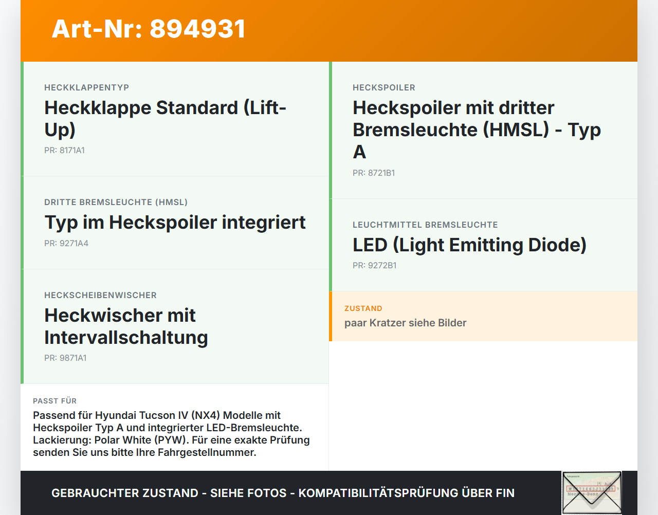 Hyundai Tucson IV NX4 20-24 Spoiler für Heckklappe PYW Hyundai Tucson IV NX4 20-24 17.12.2020 87210-N7000 gebraucht Vorschau 3