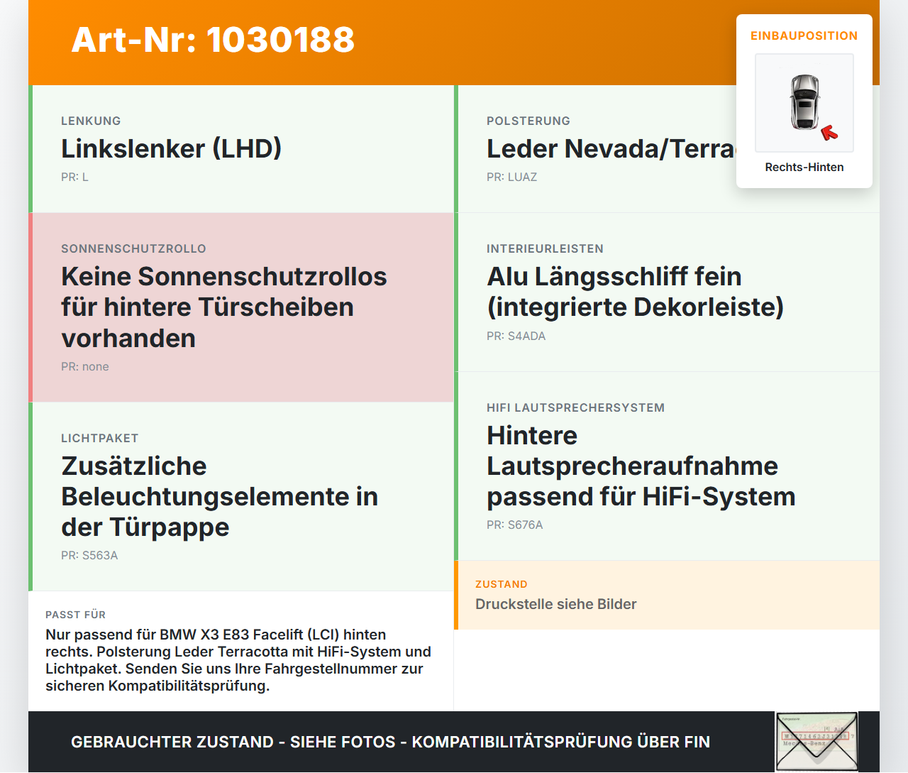 BMW X3 E83 LCI 06-10 Türverkleidung Türpappe Rechts Hinten Leder Terracotta BMW X3 E83 LCI 06-10 09.07.2008 3451348... Vorschau 3