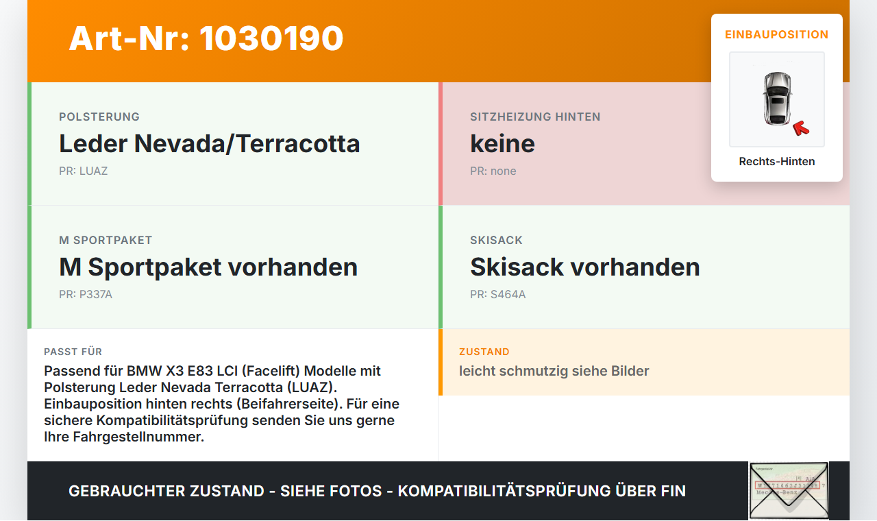 BMW X3 E83 LCI 06-10 Seitenpolster Rücksitzbank Rechts Hinten Leder Terracotta BMW X3 E83 LCI 06-10 09.07.2008... Vorschau 3