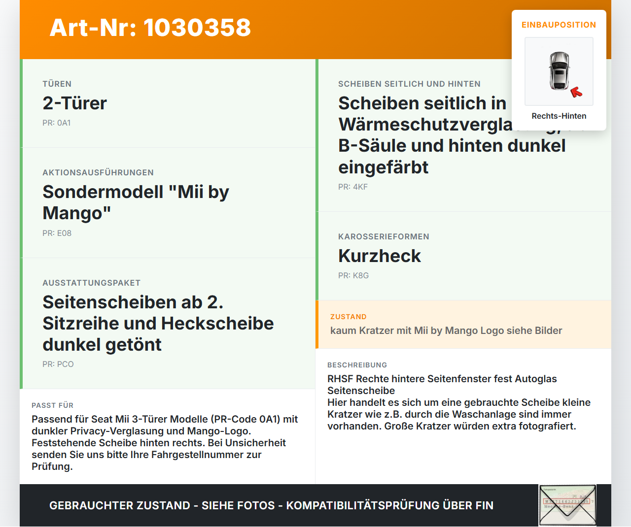 Seat Mii KF1 11-16 RH Fest Seitenscheibe Scheibe Rechts Hinten Orig. getönt Seat Mii KF1 11-16 30.03.2016... Vorschau 3