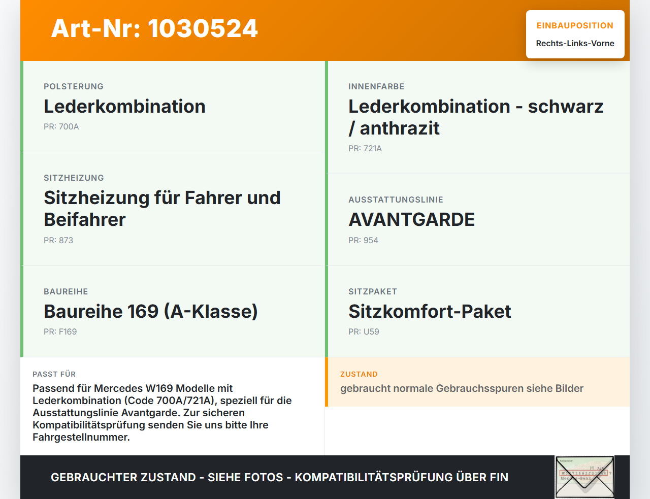 Mercedes A160 W169 08-12 Kopfstütze für Fahrer Sitz Rechts oder Links Vorne Leder Mercedes A160 W169 08-12... Vorschau 3