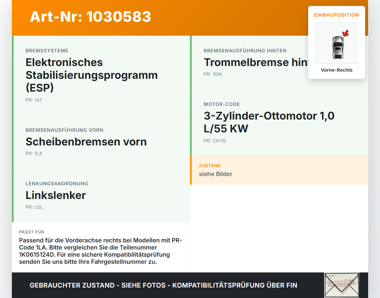 Seat Mii KF1 11-16 1,0 55KW Bremssattel Bremszange Vorne Rechts Seat Mii KF1 11-16 30.03.2016 1K0615124D gebraucht Vorschau 3