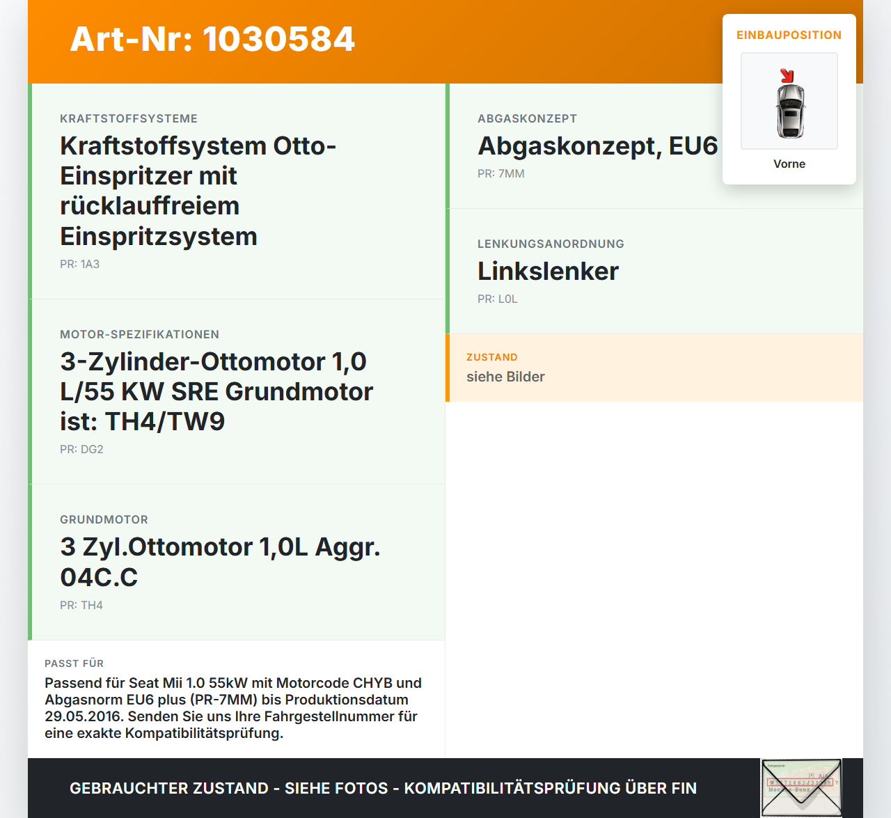 Seat Mii KF1 11-16 1,0 55KW Katalysator Kat mit Flexrohr Auspuff Vorne Seat Mii KF1 11-16 30.03.2016 1S0254500AX... Vorschau 3